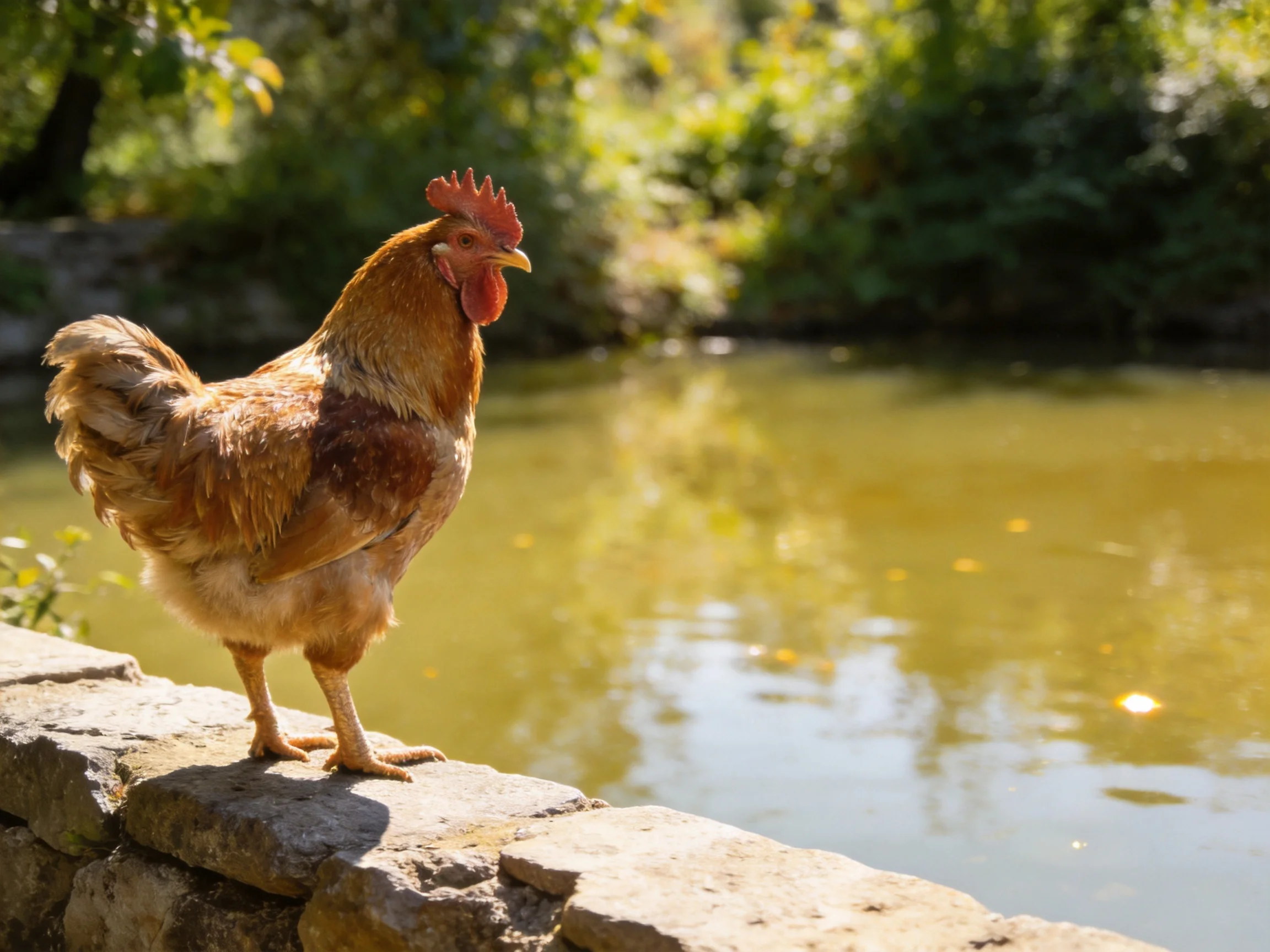 A brown rooster stands atop a stone wall beside a tranquil pond
