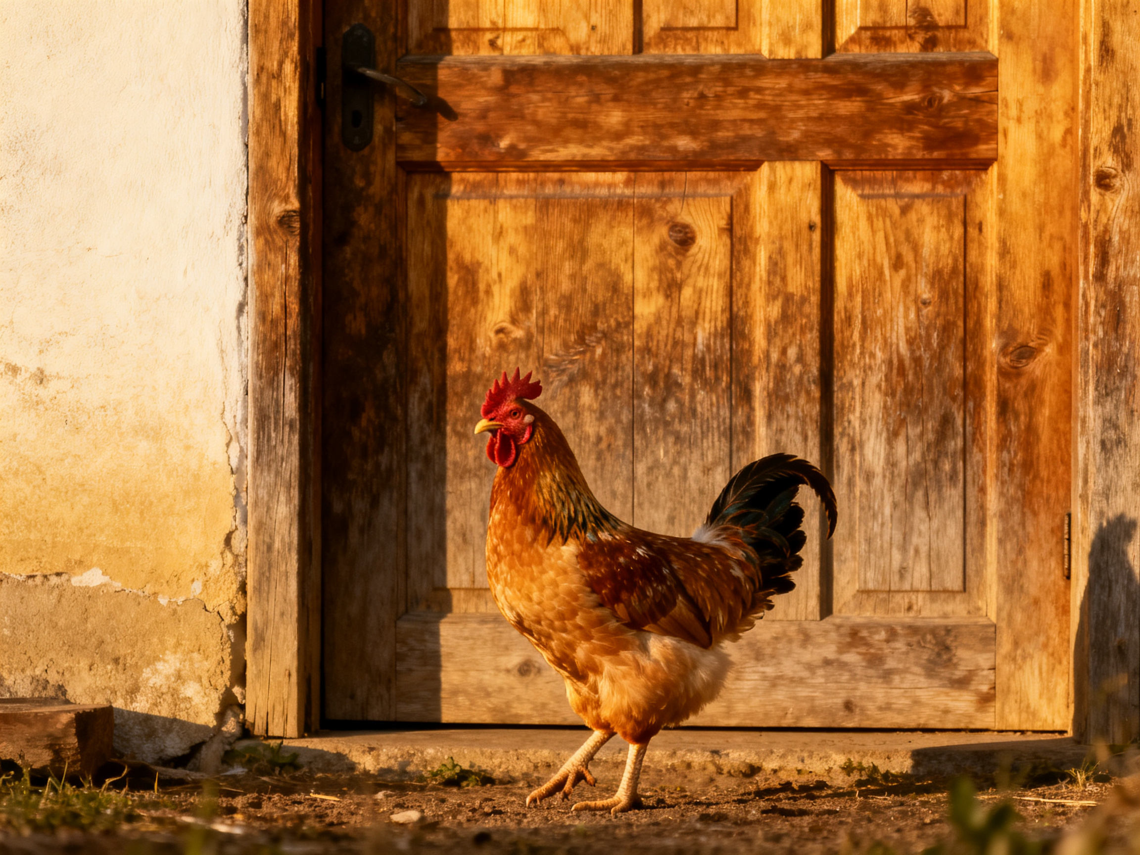 A brown rooster stands before an aged wooden door