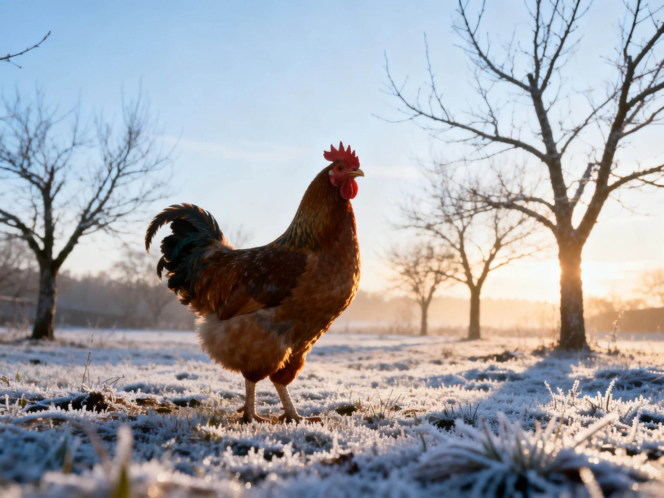 A brown rooster stands in a frosty winter field with bare trees