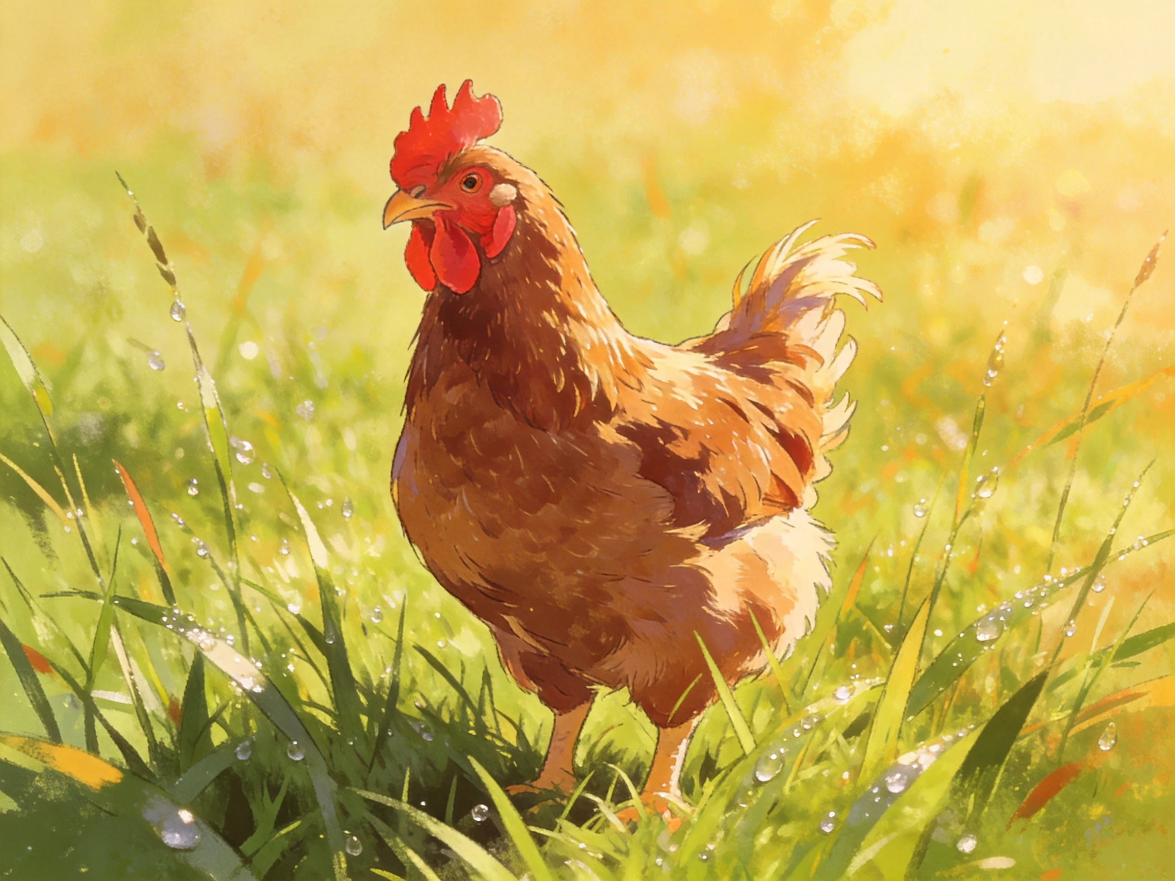 A brown rooster stands in dewy green grass amid golden sunlight