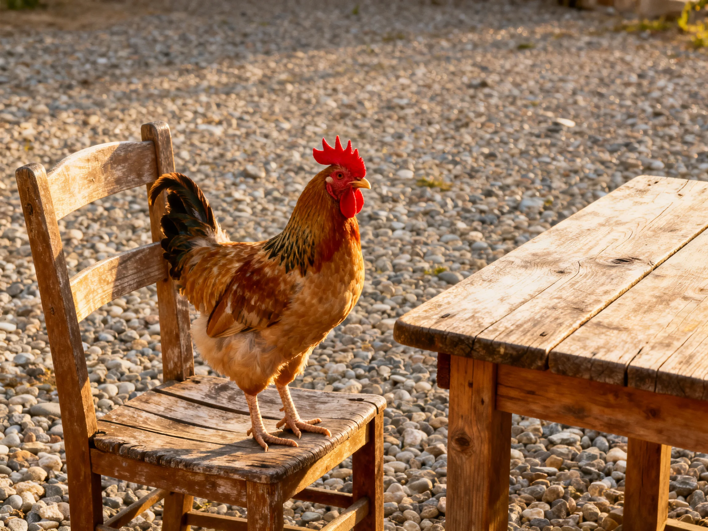 A brown rooster stands on a weathered wooden chair beside a rustic table