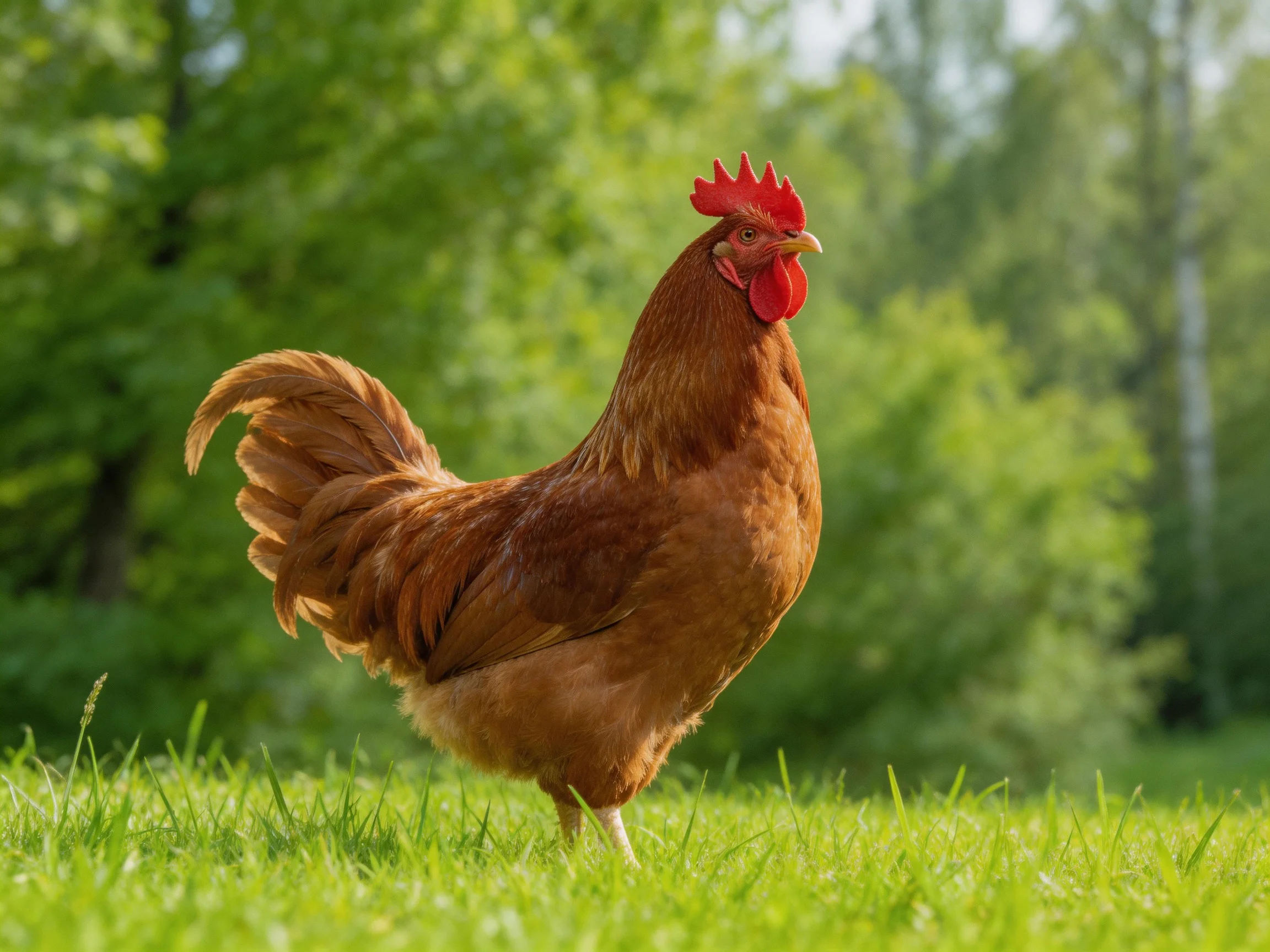 A brown rooster stands on lush green grass near leafy trees