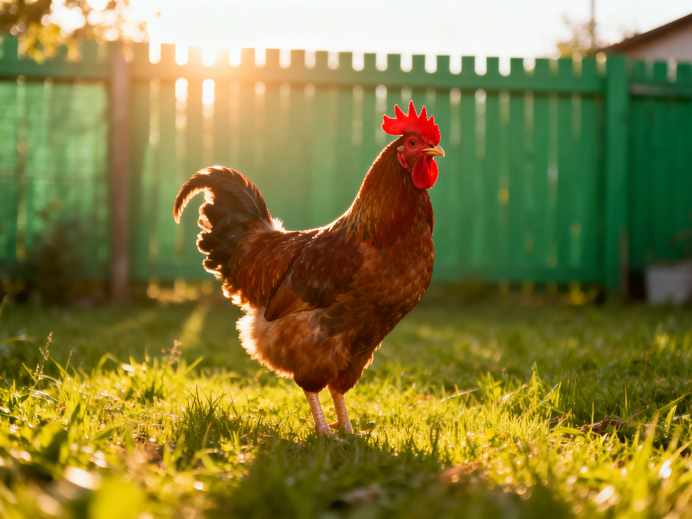A rooster stands on grass with a green fence in the background under warm sunlight.