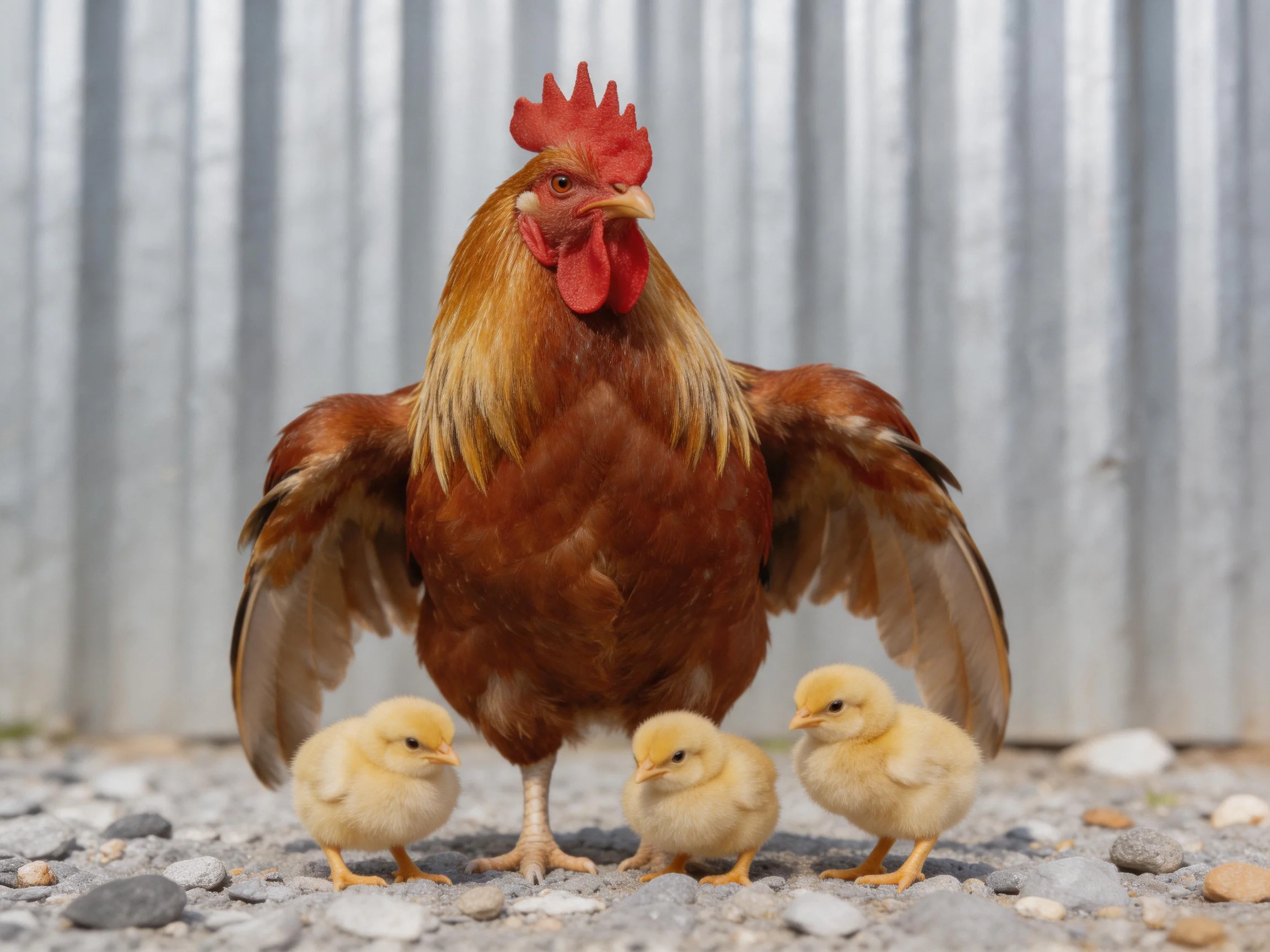 A brown rooster stands protectively over three yellow chicks near a corrugated metal wall