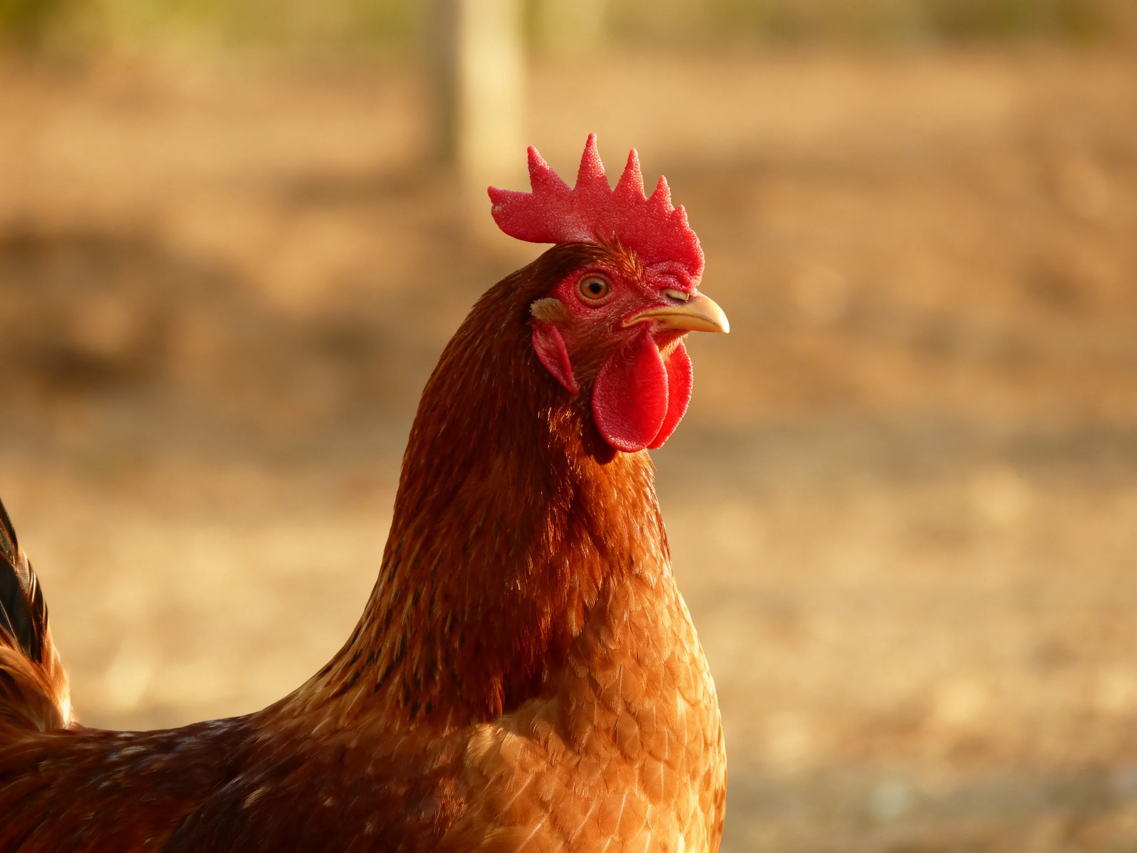 A brown rooster with a bright red comb and wattle