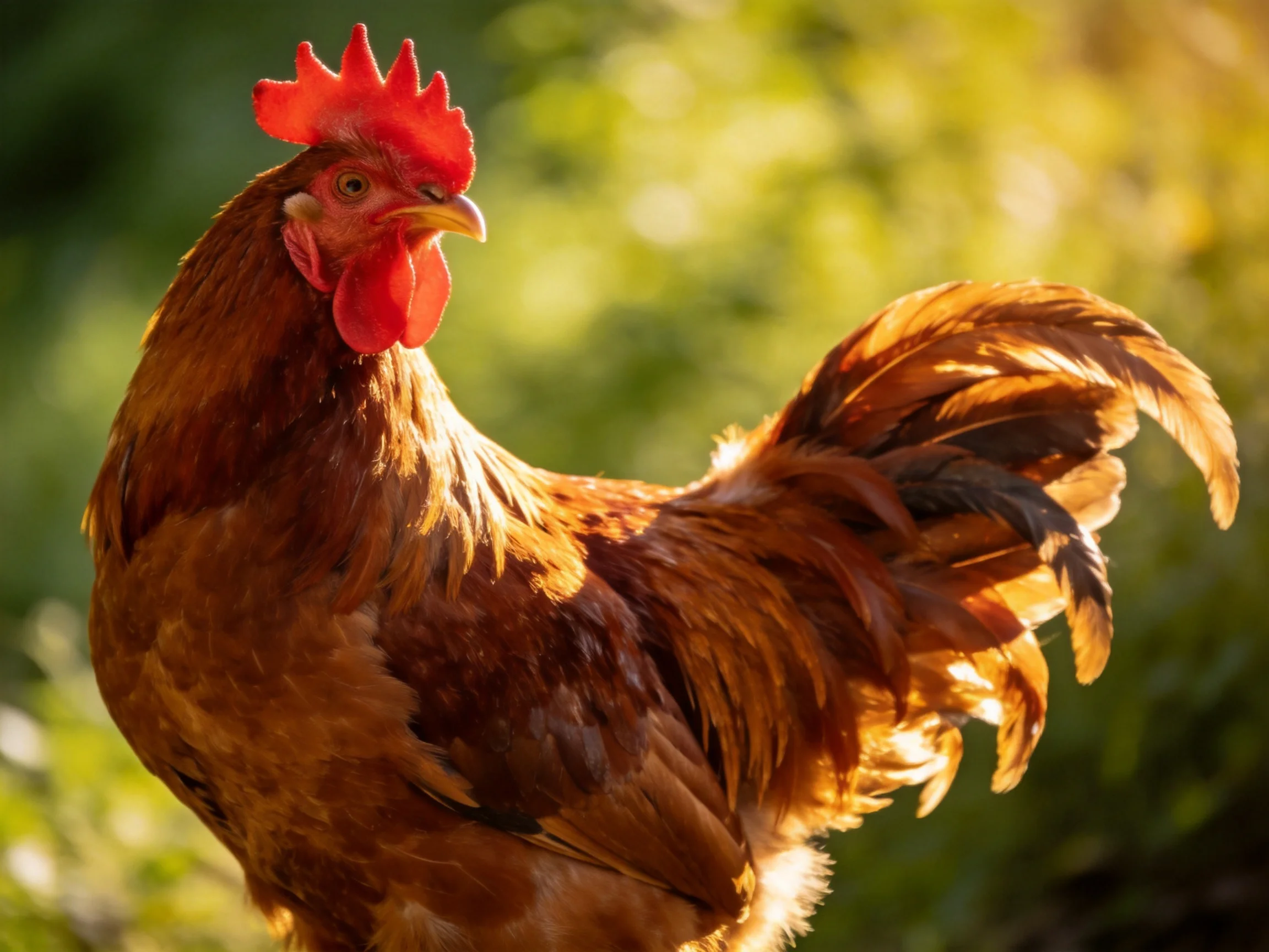 A brown rooster with a red comb stands in a sunlit outdoor area.