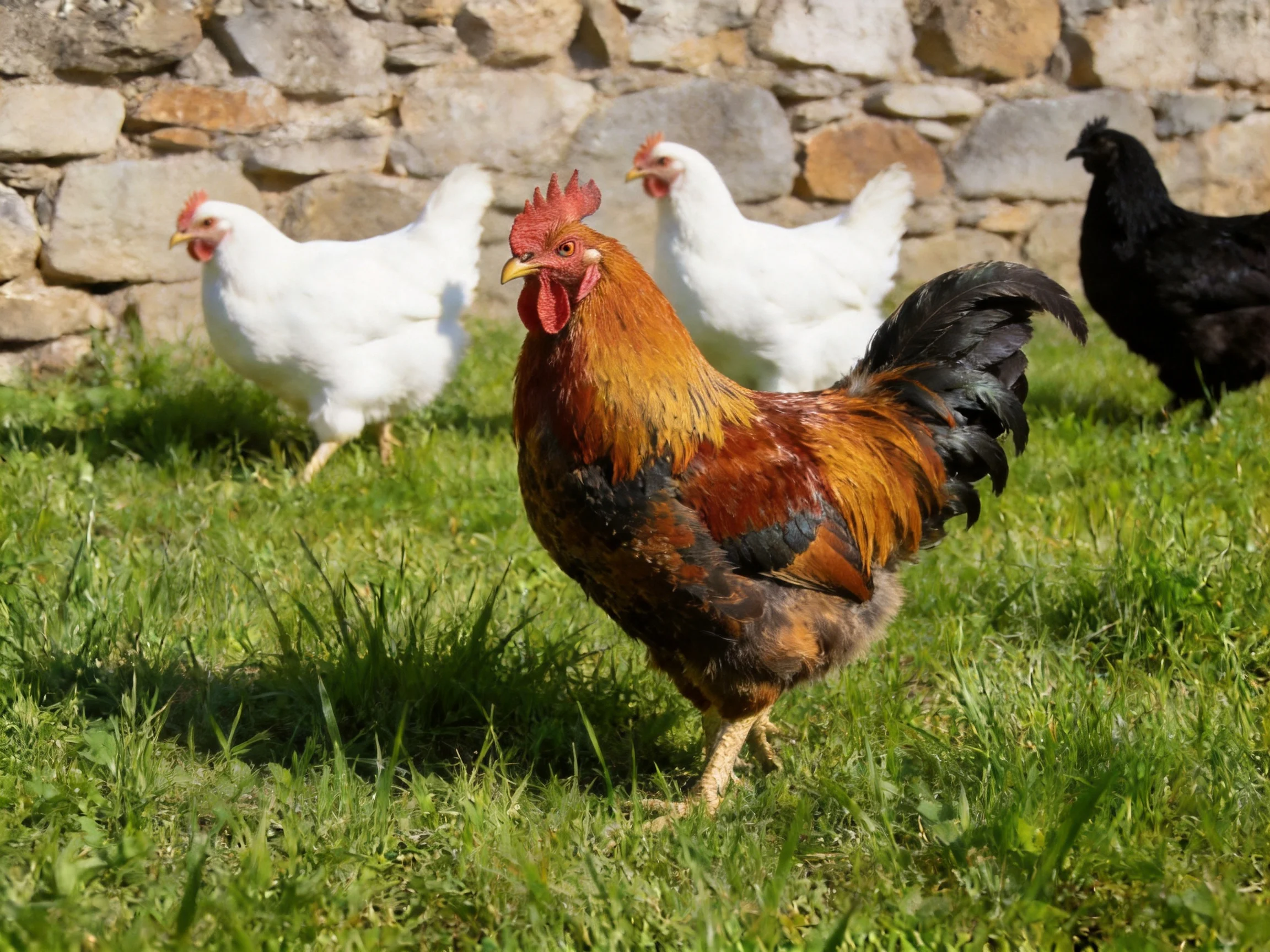 A brown rooster with black tail leads three chickens near a stone wall