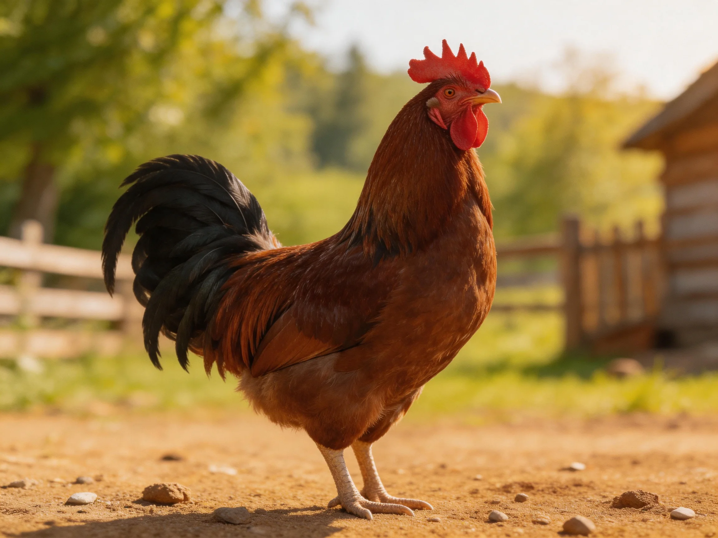 A brown rooster with black tail stands on dirt near wooden fences