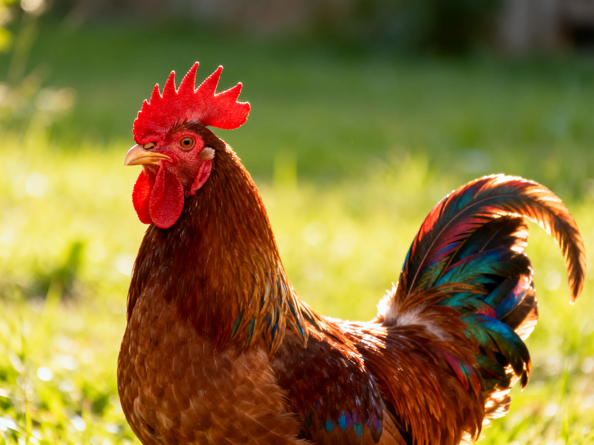 A brown rooster with colorful tail feathers in bright sunlight