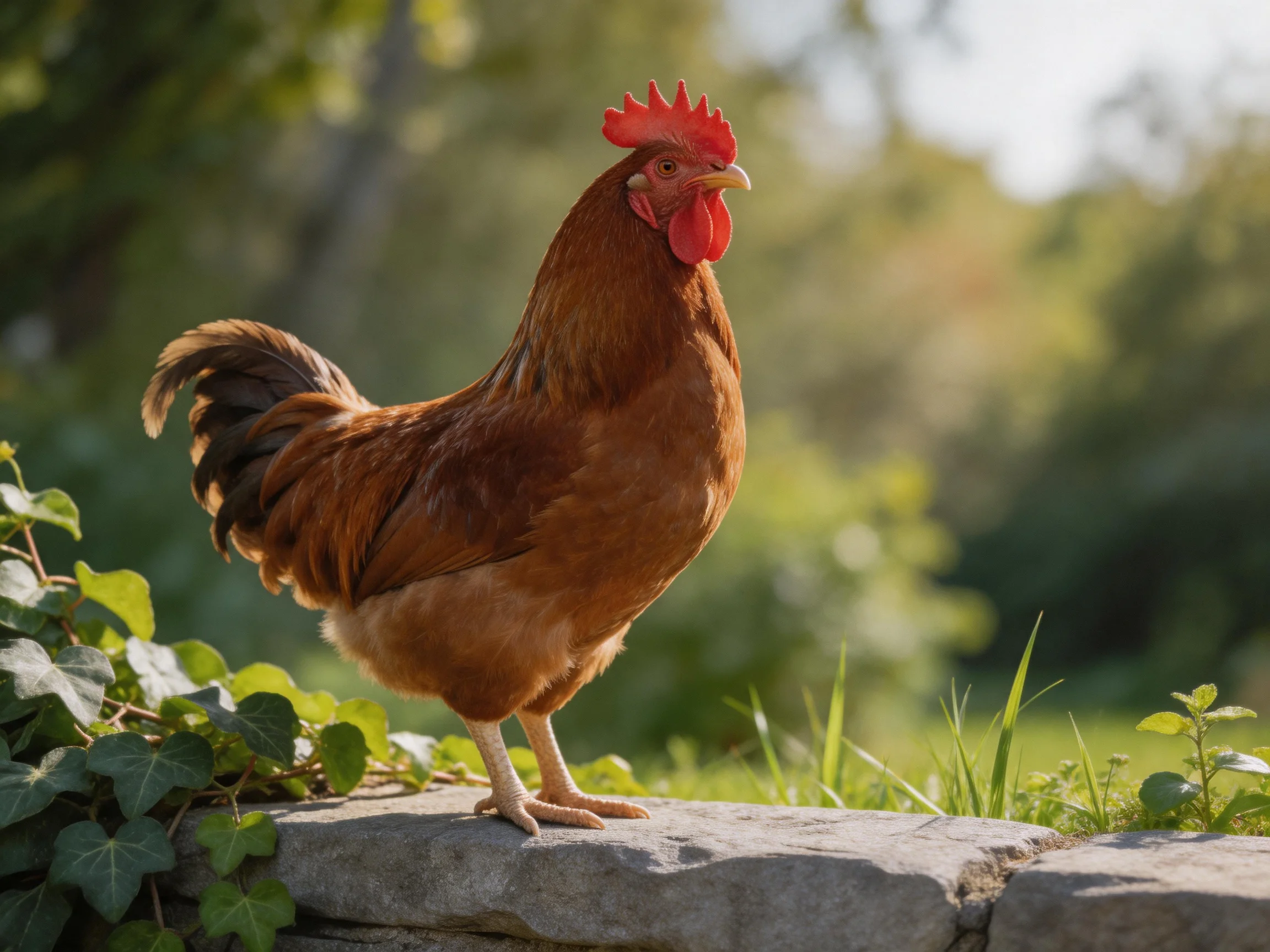 A brown rooster with red comb stands on a stone ledge among green vegetation