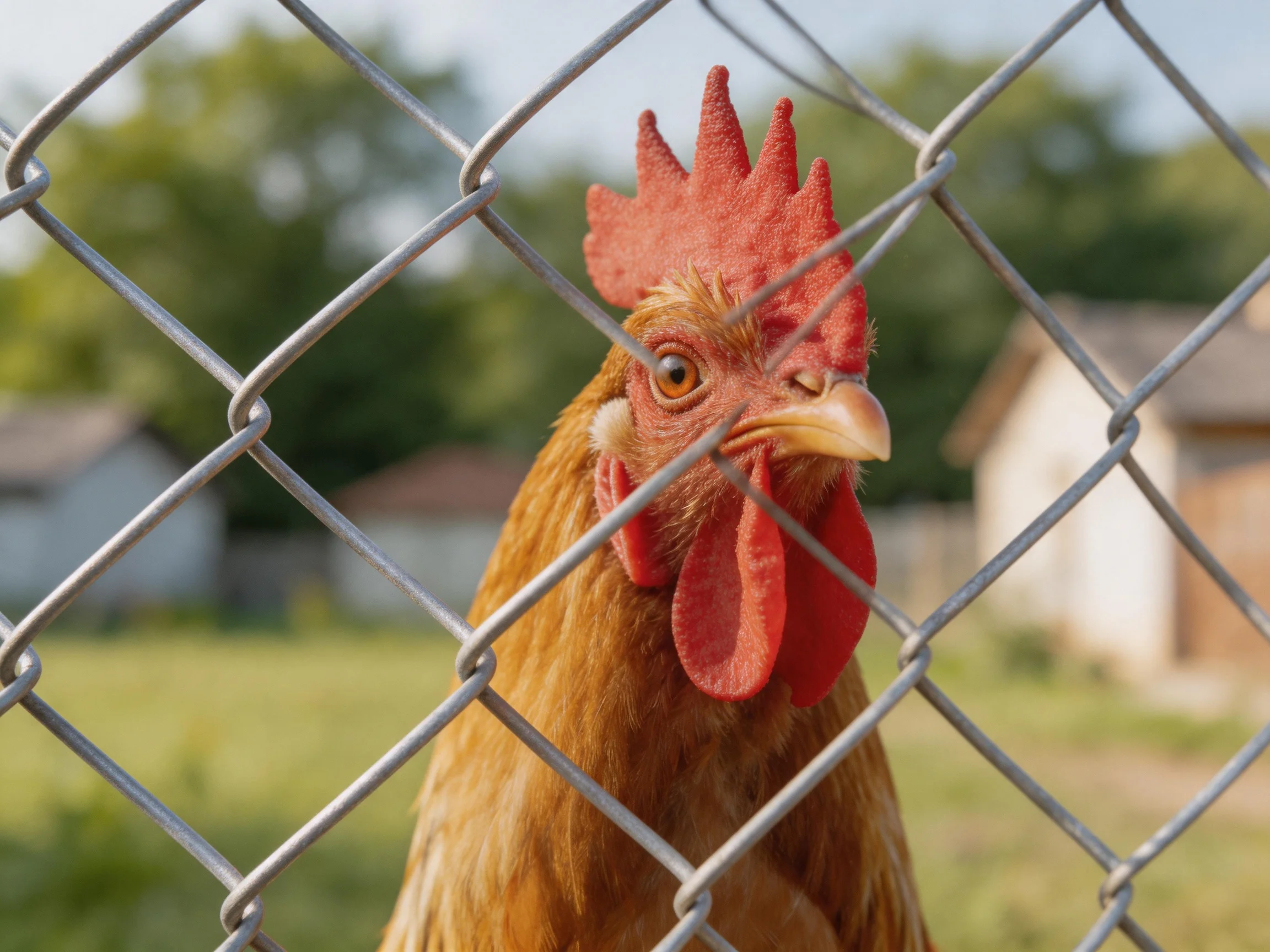 A brown rooster with a red comb is viewed through a silver chain-link fence.