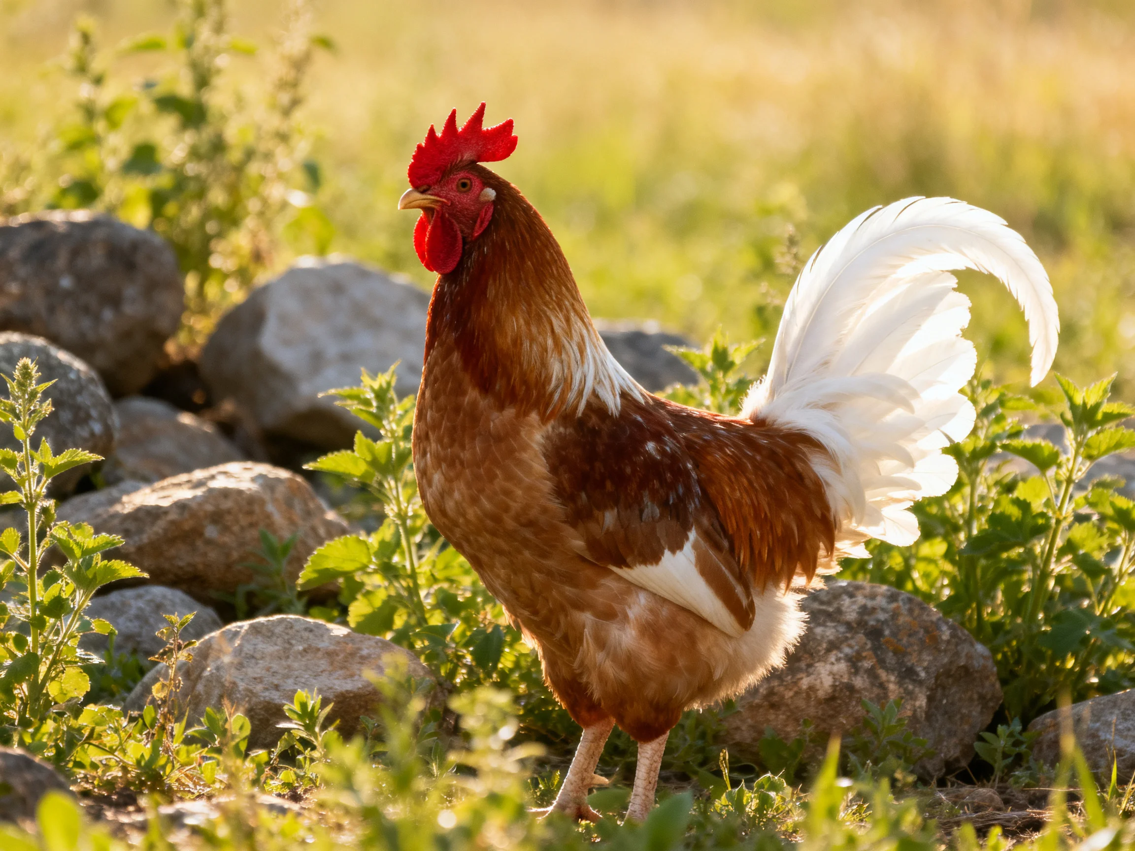 A brown rooster with white tail feathers near rocks and greenery