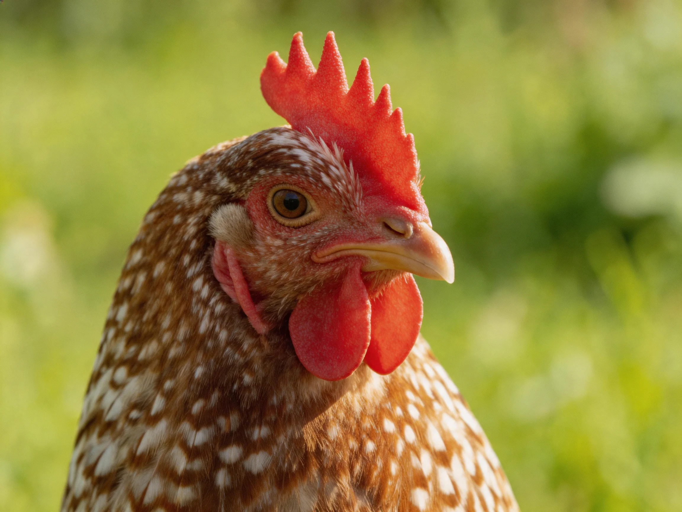 Close-up of a brown-speckled chicken with red facial features in a blurred green background.