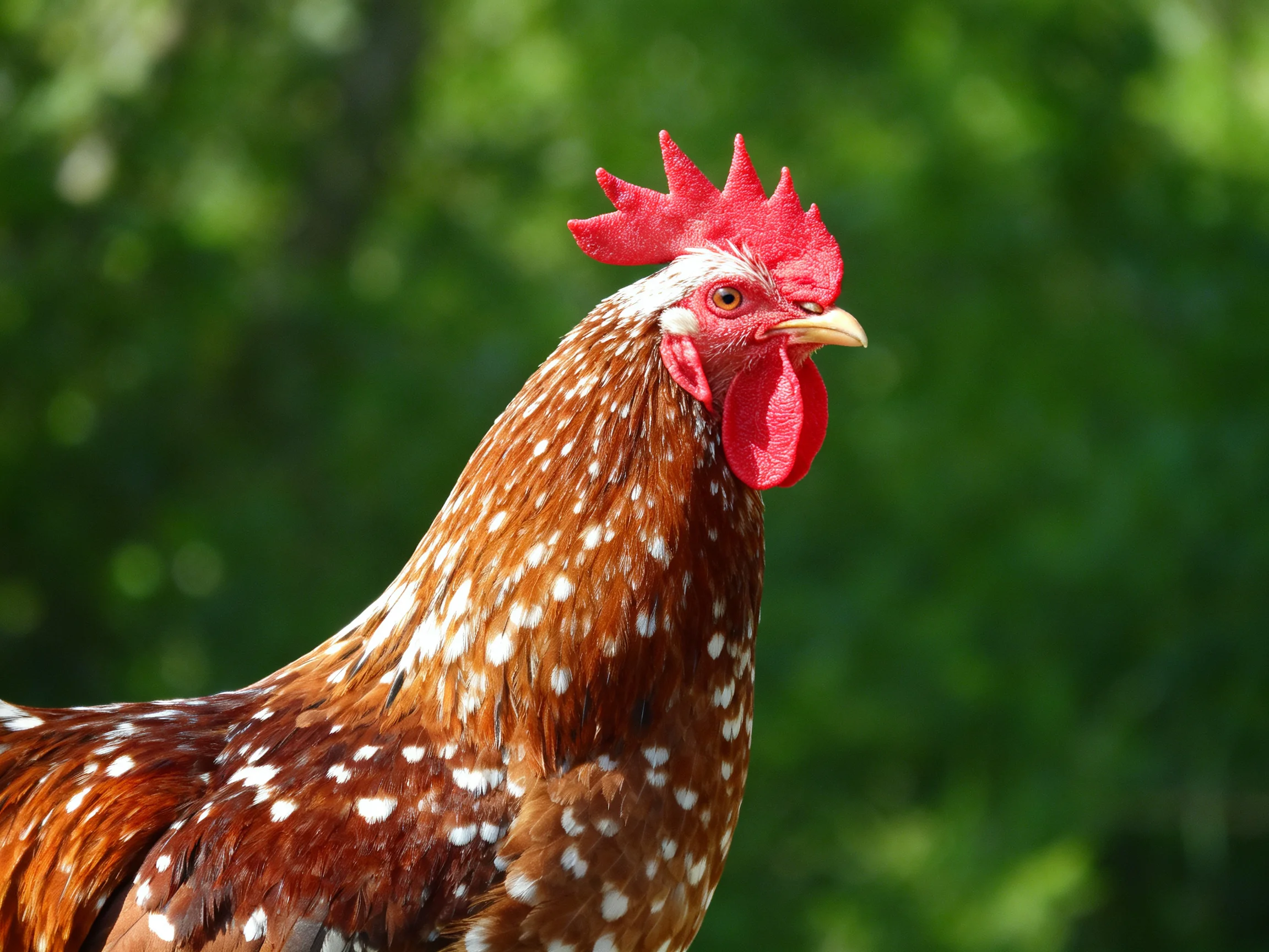A brown-speckled chicken stands out against a blurred green backdrop.