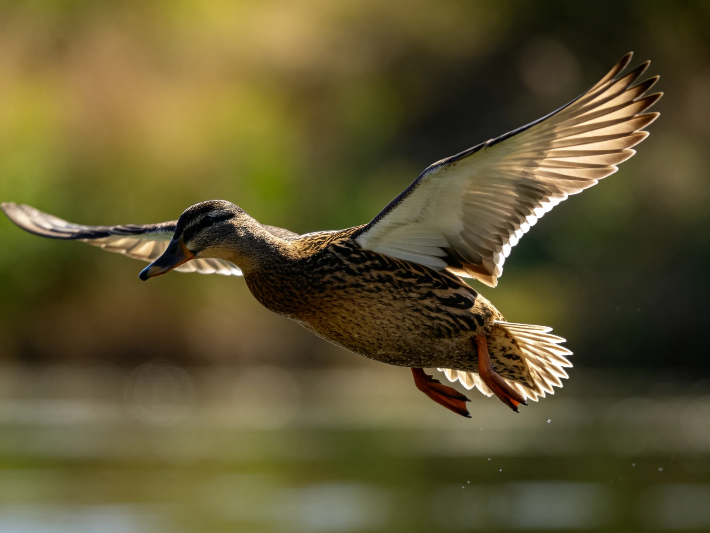 A brown-speckled duck flies low over calm water with spread wings