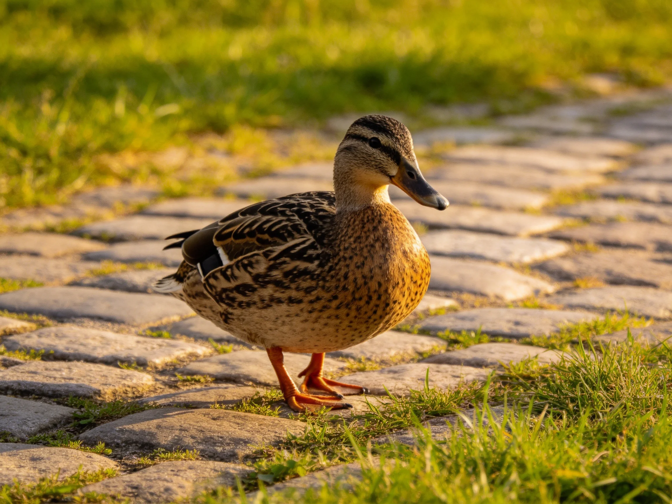 A brown-speckled duck on a sunlit cobblestone path near green grass