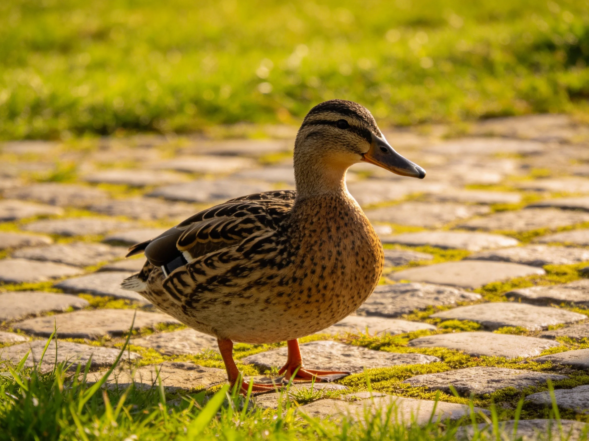 A brown-speckled duck on mossy cobblestones near lush grass