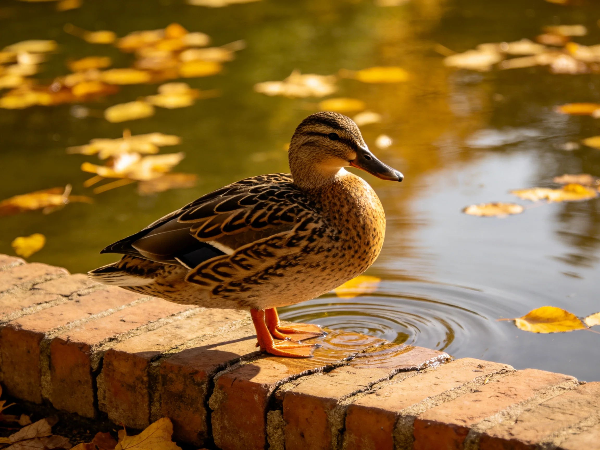 A brown-speckled duck perches on a brick ledge near a pond with golden autumn leaves