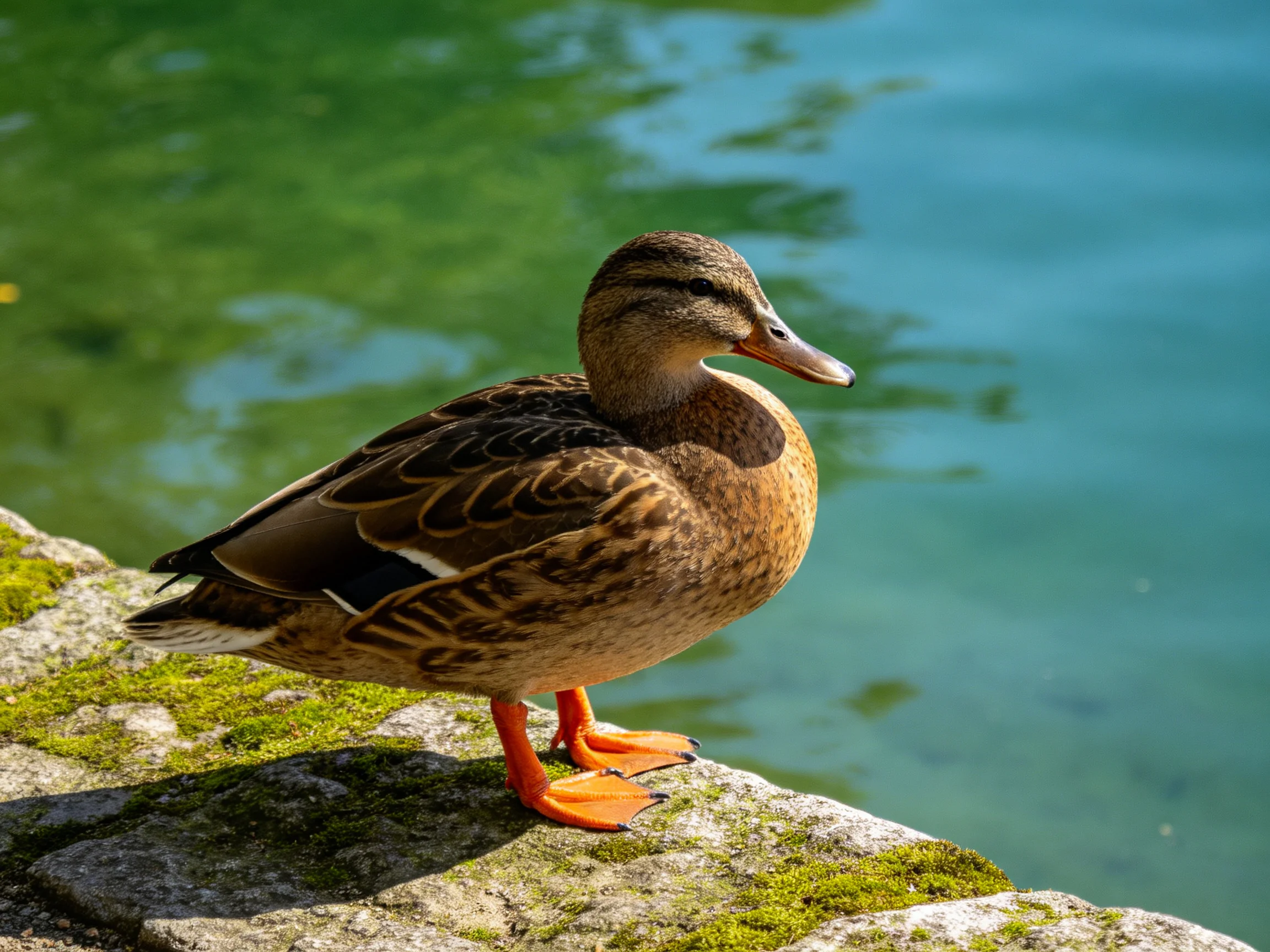 A brown-speckled duck rests on mossy stone by calm turquoise water