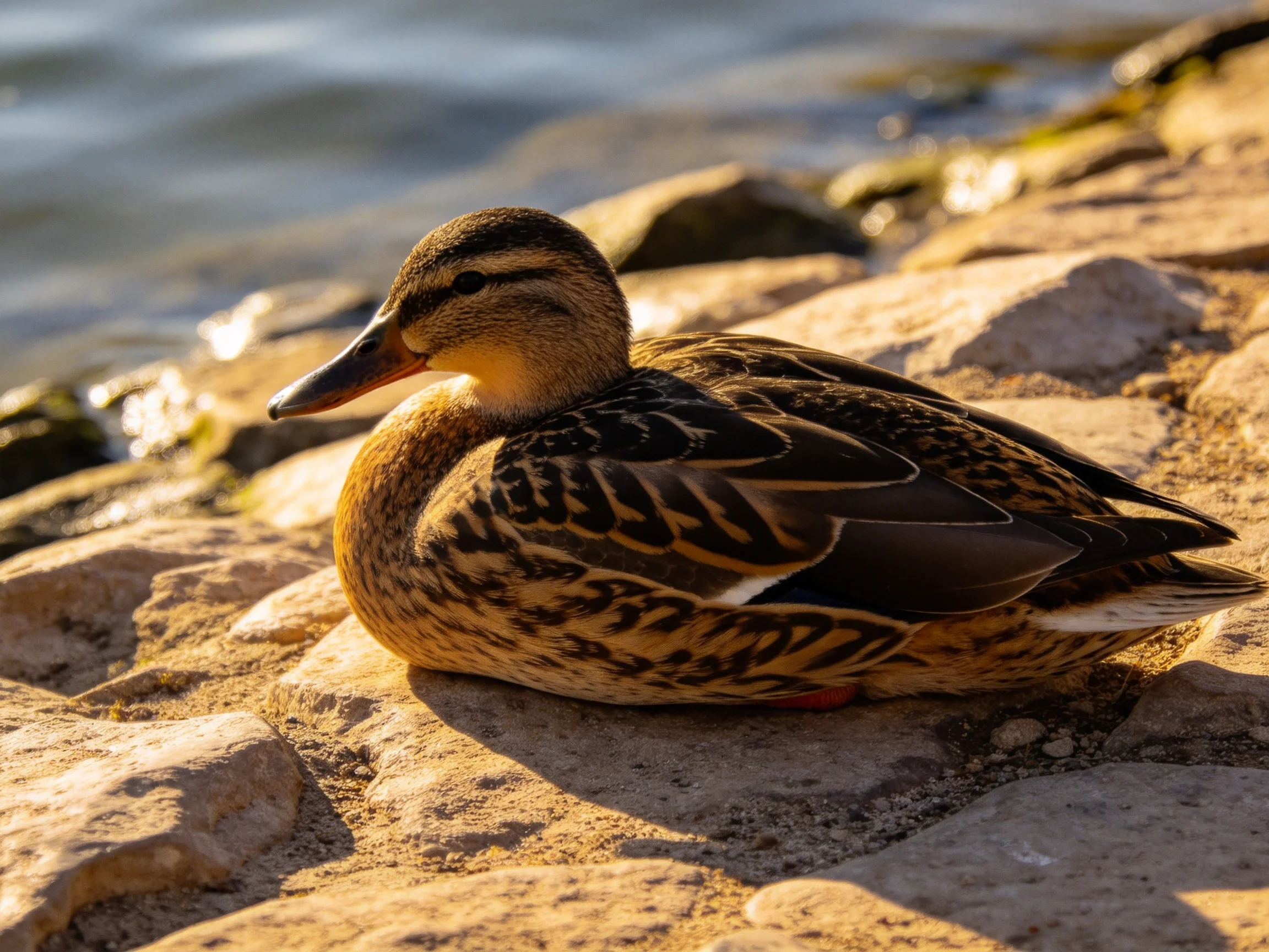 A brown-speckled duck rests on rocky shore by calm water