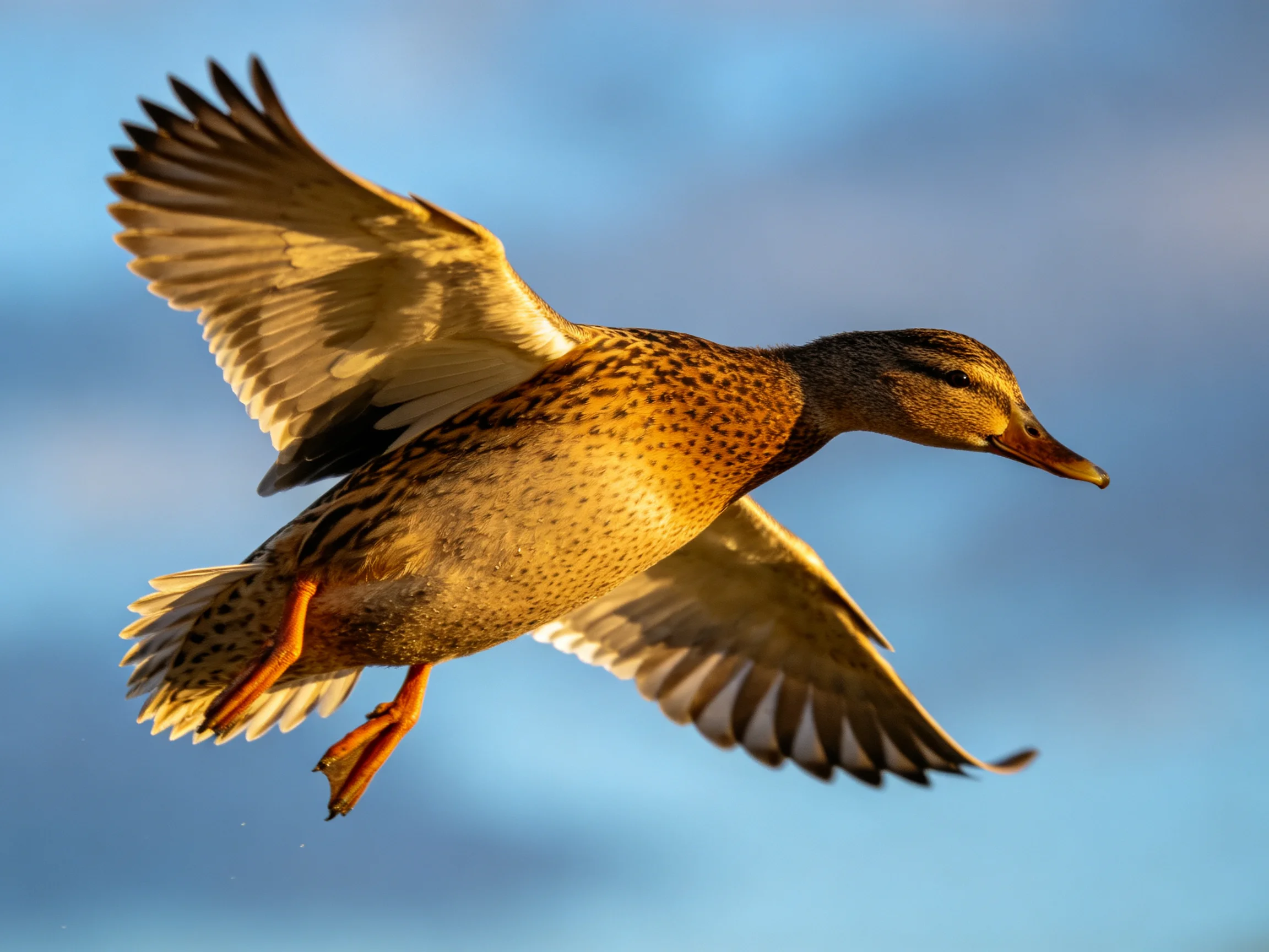 A brown-speckled duck soars through clear blue sky with outstretched wings