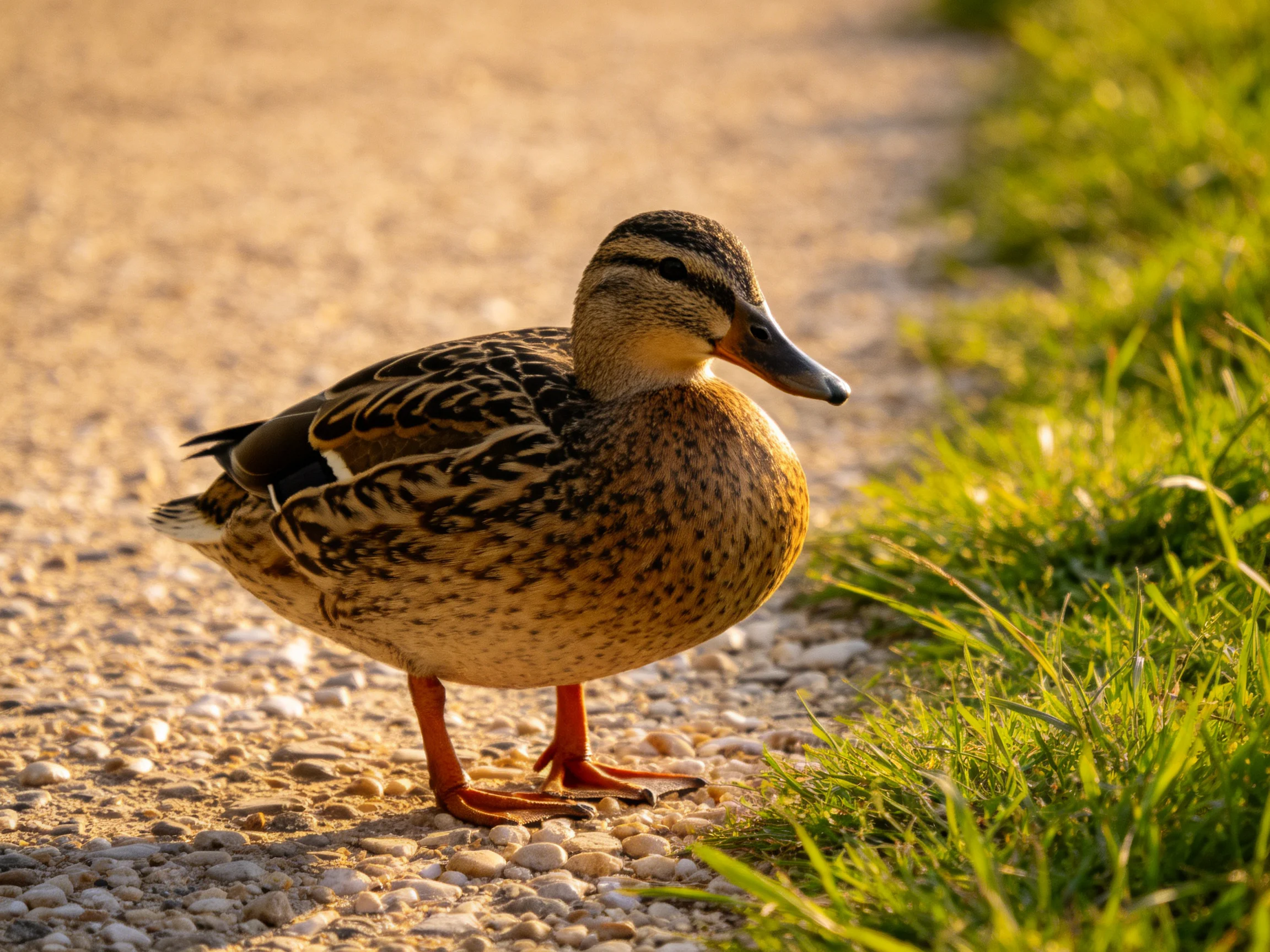 A brown-speckled duck stands on a gravel path beside lush green grass