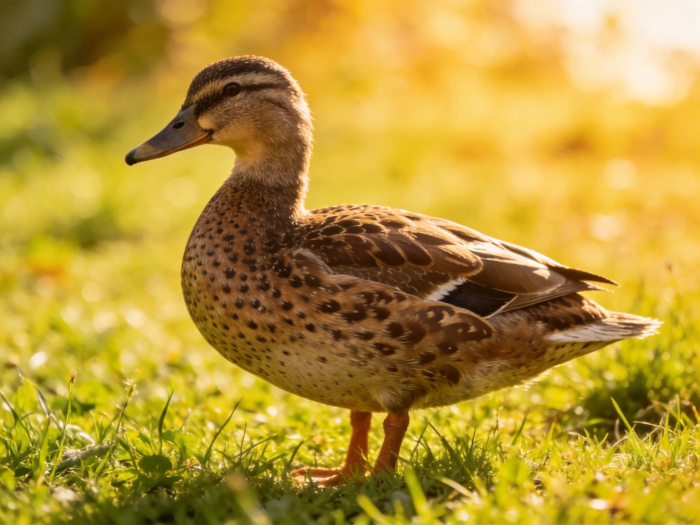 A brown-speckled duck stands on lush green grass under golden sunlight