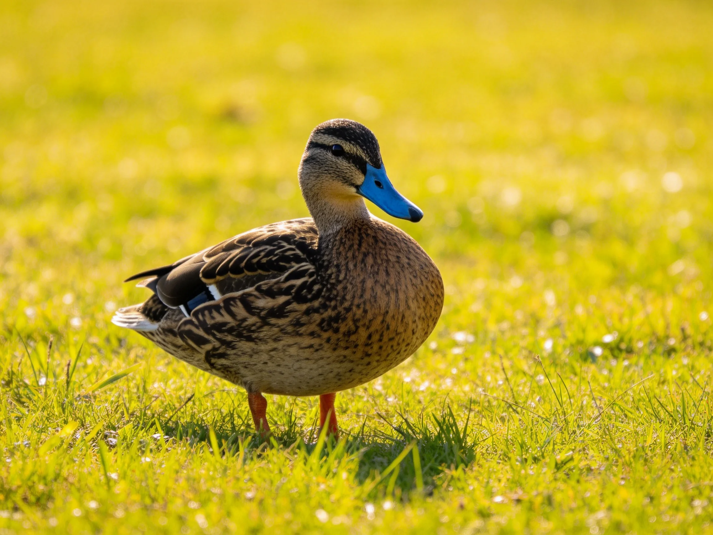A brown-speckled duck with a bright blue beak stands on vibrant green grass