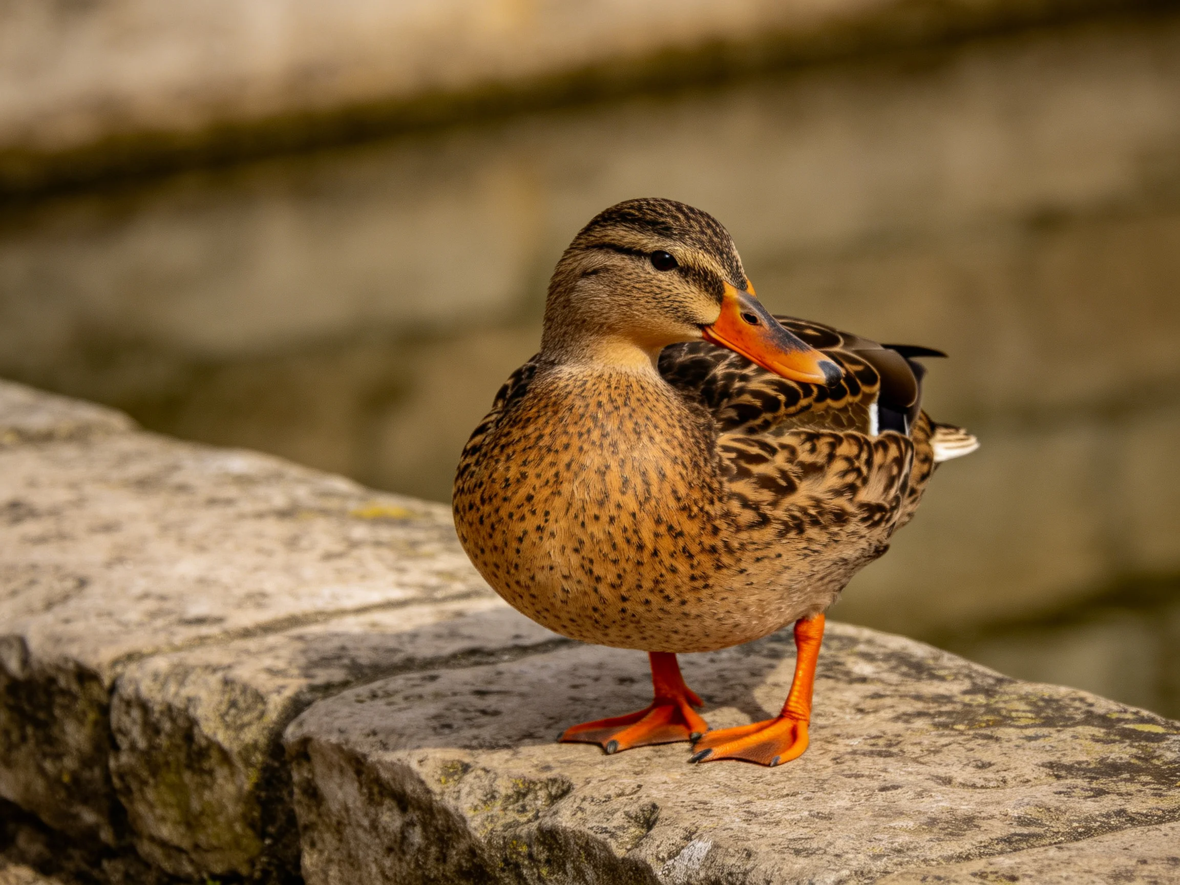 A brown-speckled duck with orange beak and feet on weathered stone