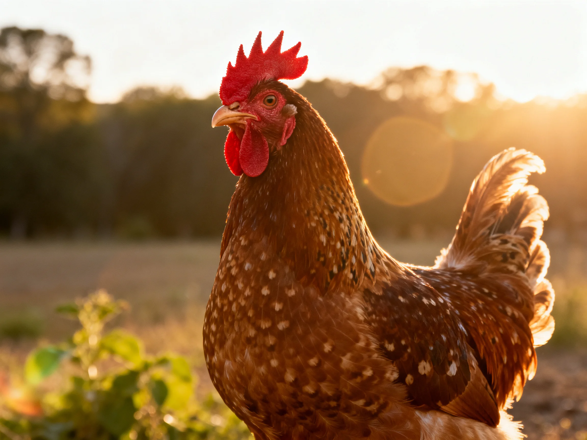 A brown speckled hen with bright red comb in golden-hour countryside