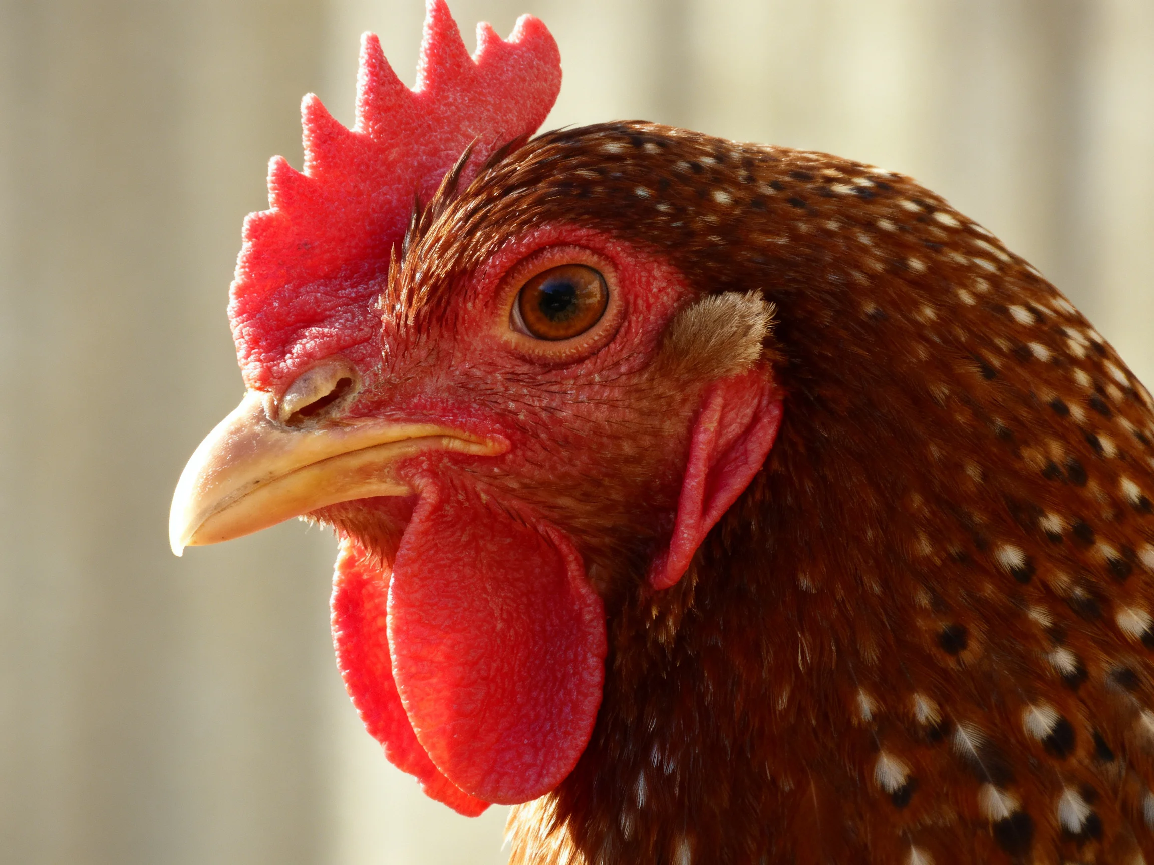 A brown speckled hen with vibrant red comb and wattles