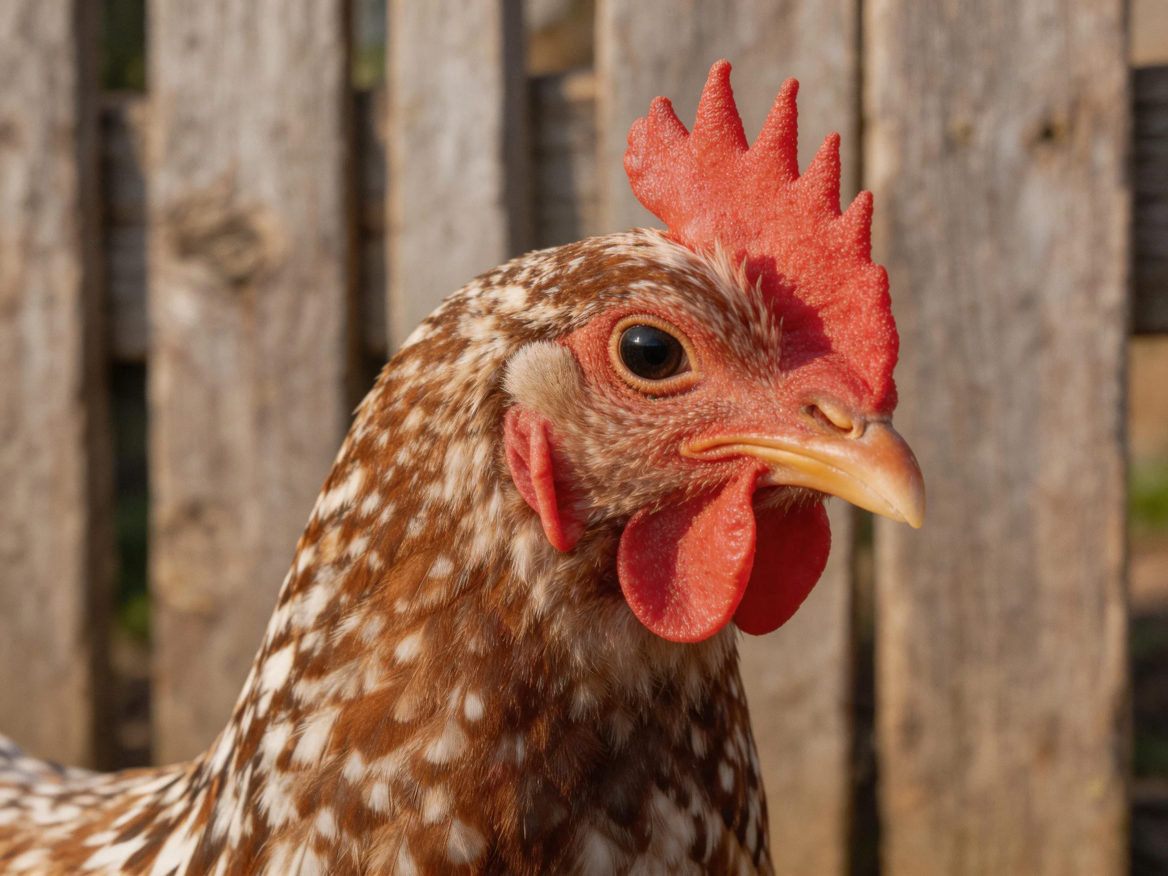 A brown-speckled hen with vibrant red comb near weathered wood fence