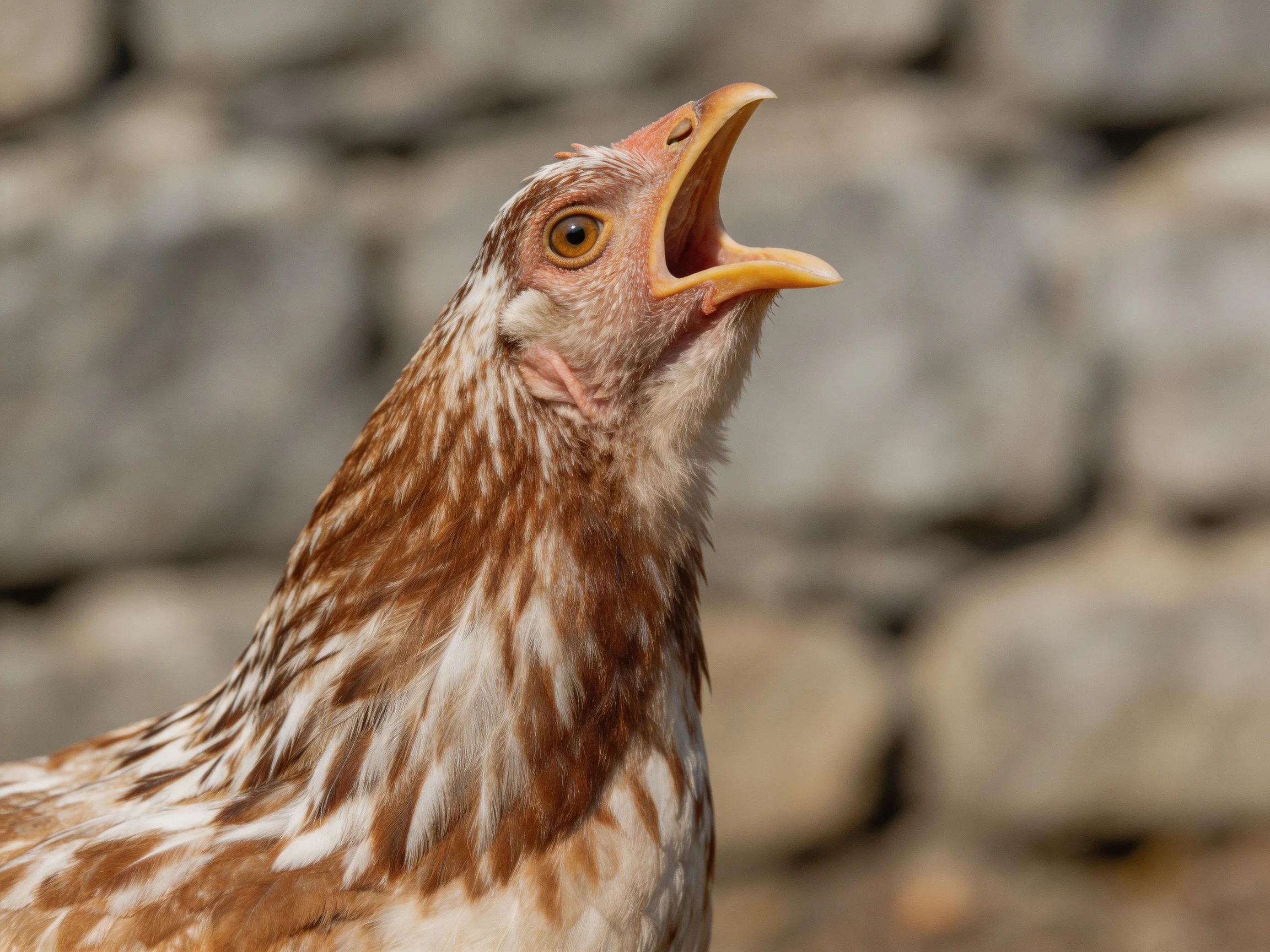 A brown-spotted chicken vocalizes against a blurred stone wall