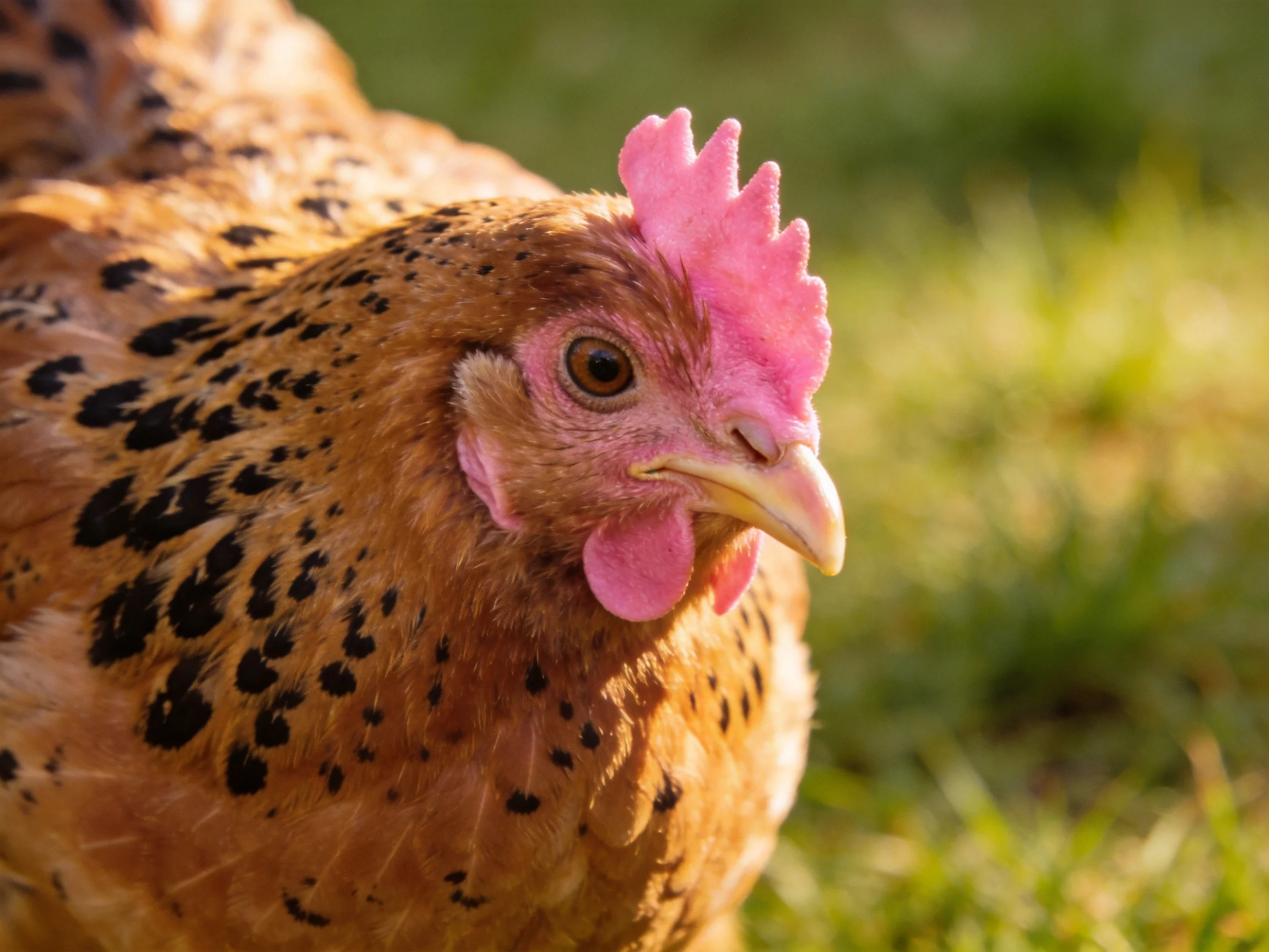 A brown-spotted chicken with pink comb on green grass
