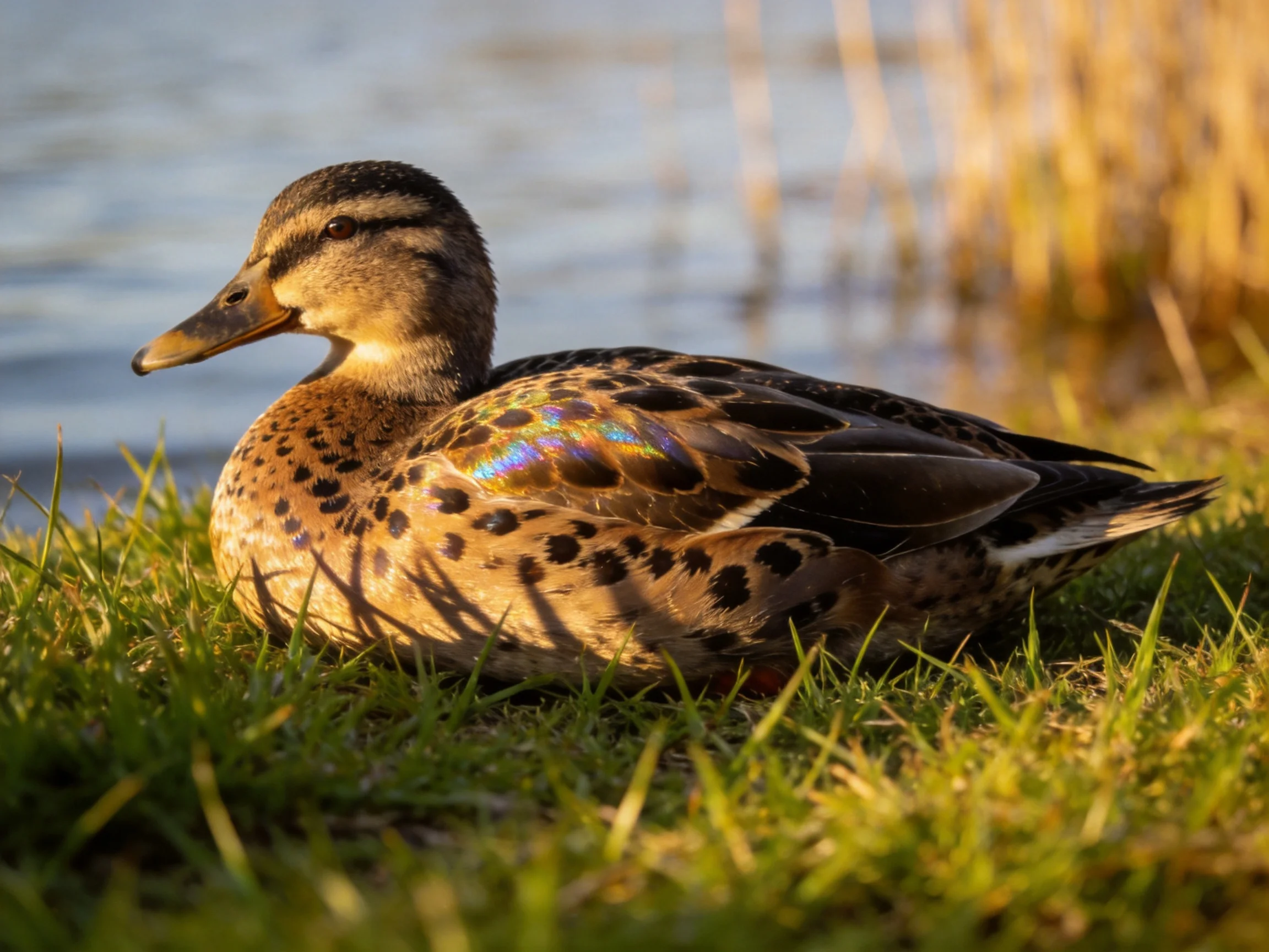 A duck with brown spotted plumage sits on grass beside tranquil water.