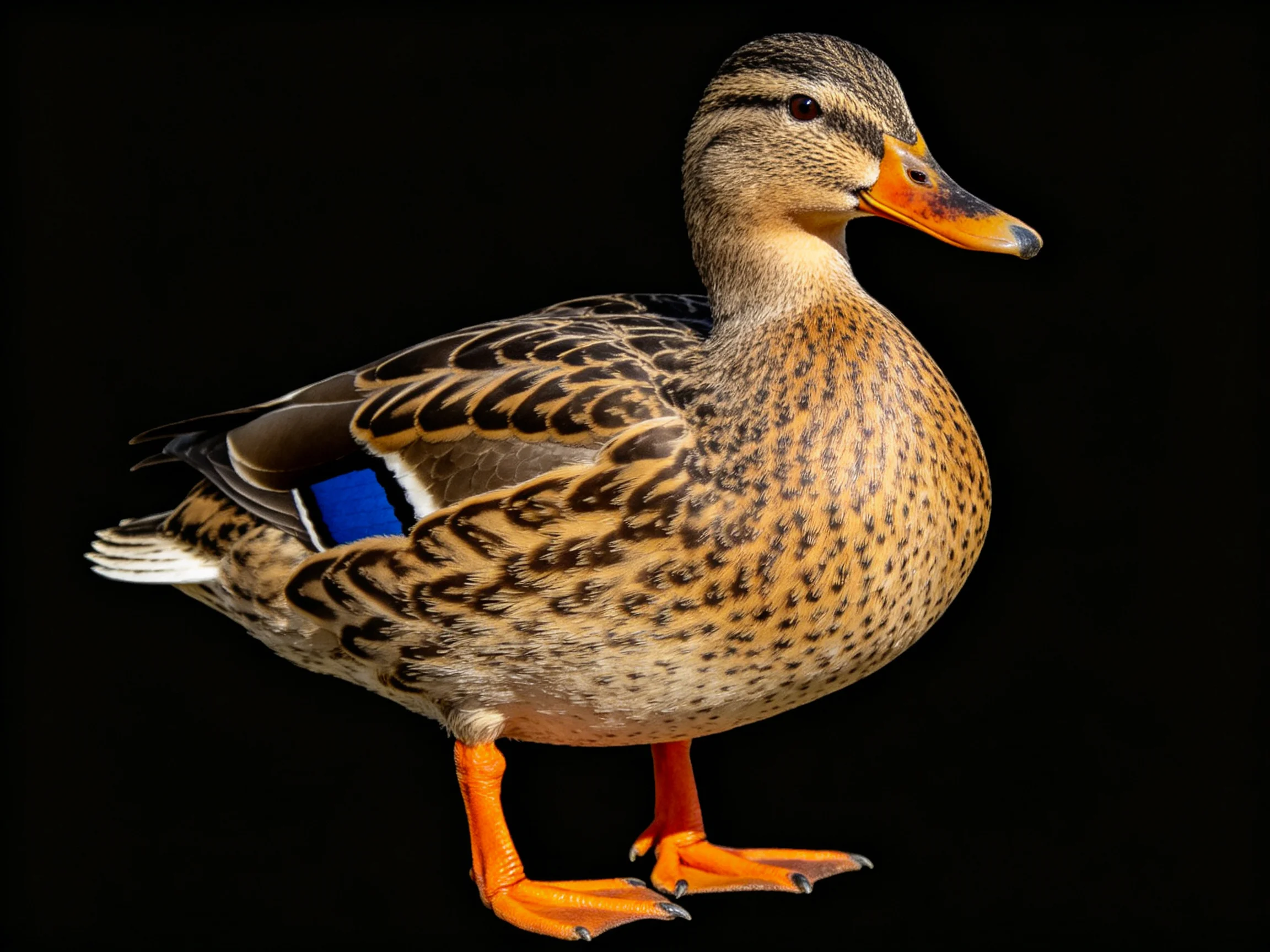 A brown-spotted duck with an orange beak and blue wing patch