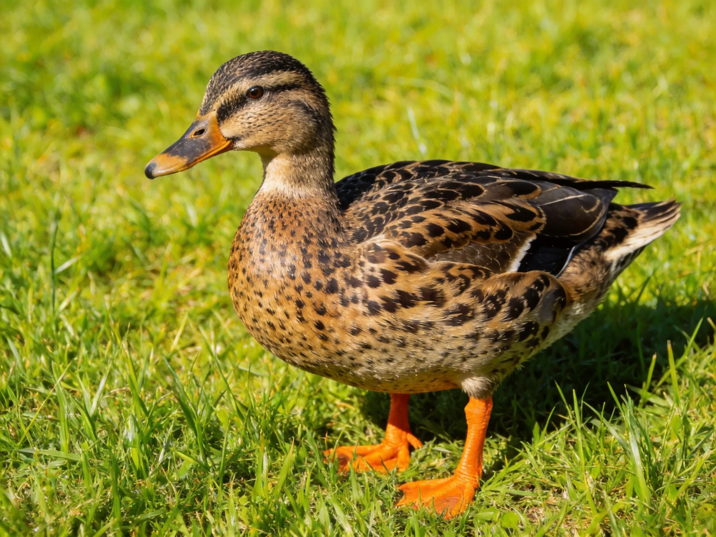 A duck with brown-speckled feathers and orange legs stands on green grass.
