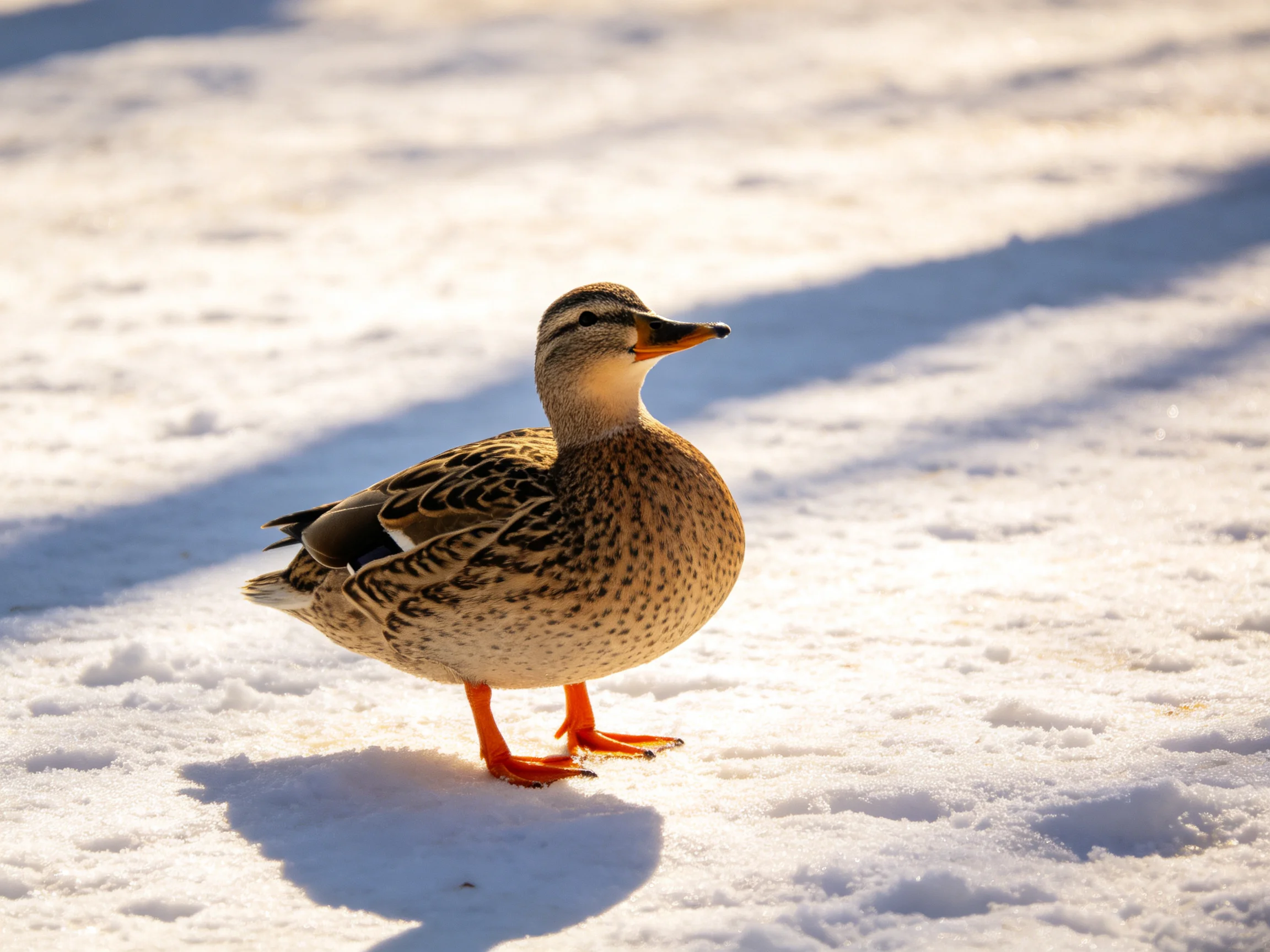 A brown-spotted duck with orange legs on glistening snow