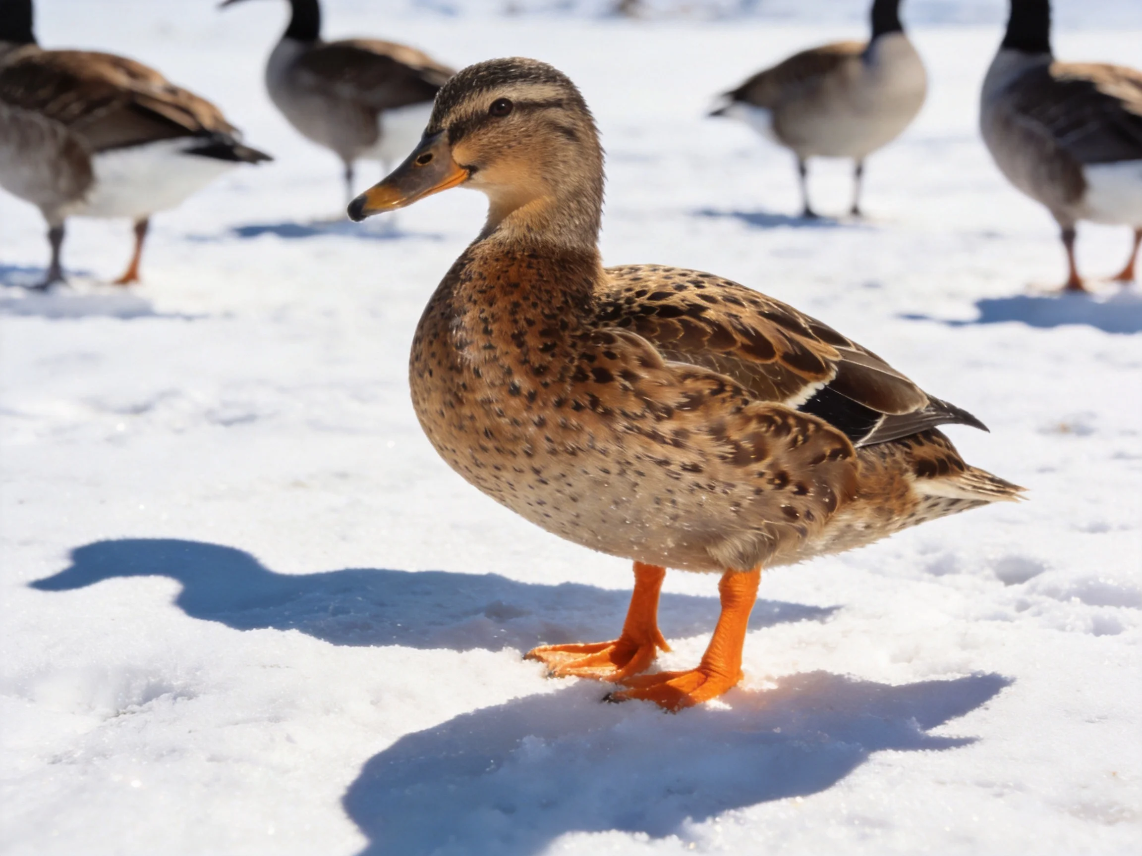 A brown-spotted duck with orange legs stands on snow among geese.