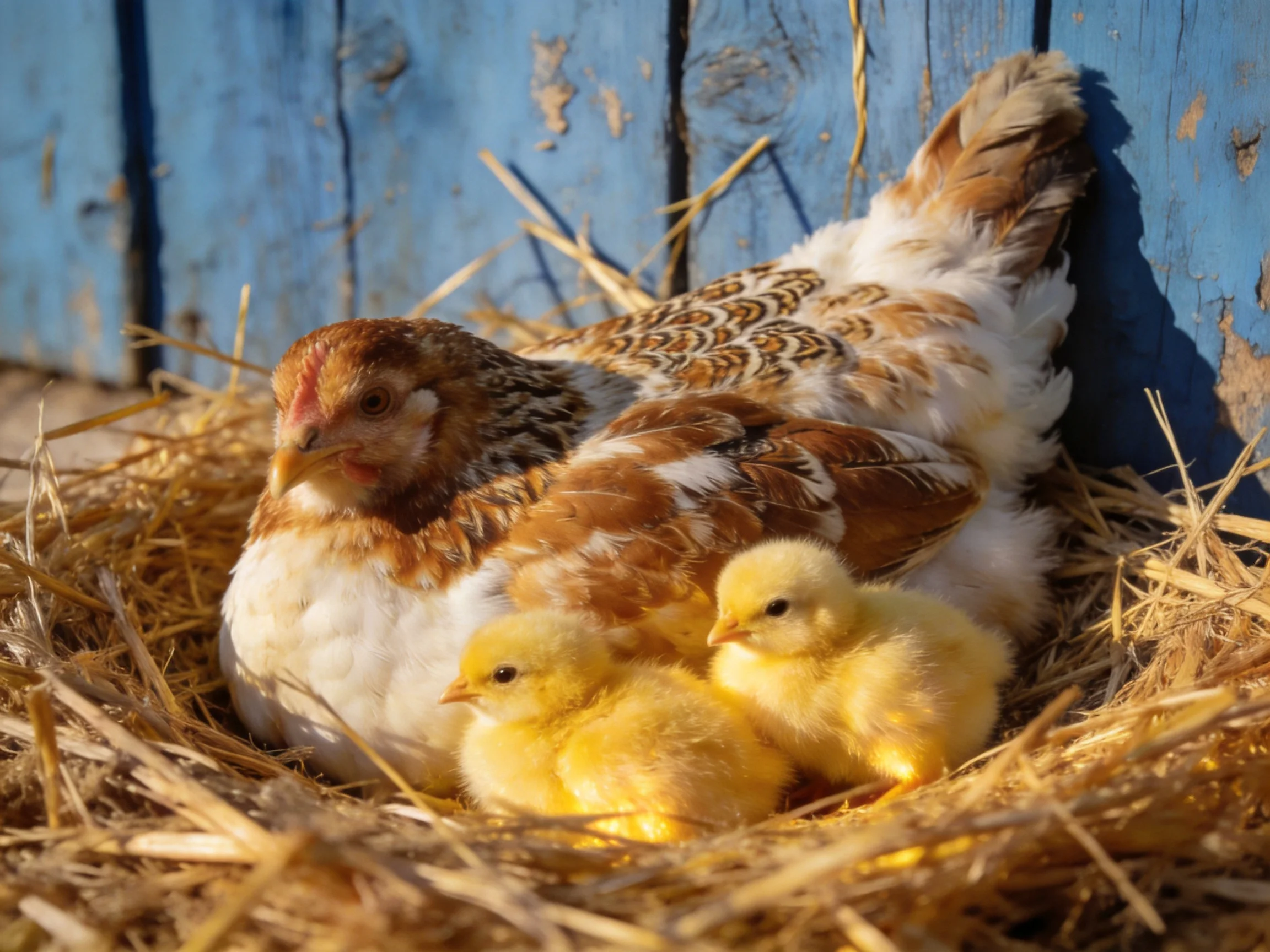 A brown-spotted hen and two yellow chicks rest in a straw nest near a blue wooden wall