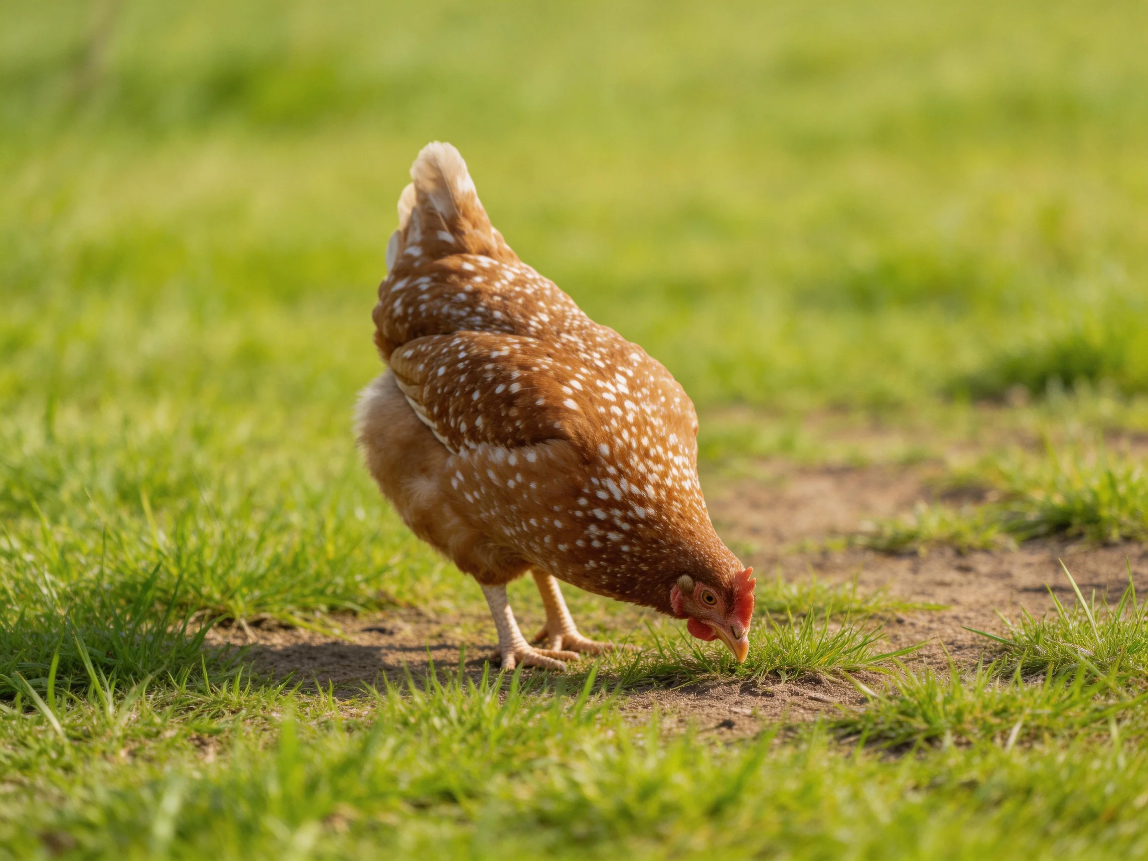 A brown-spotted hen forages in a sunlit green pasture