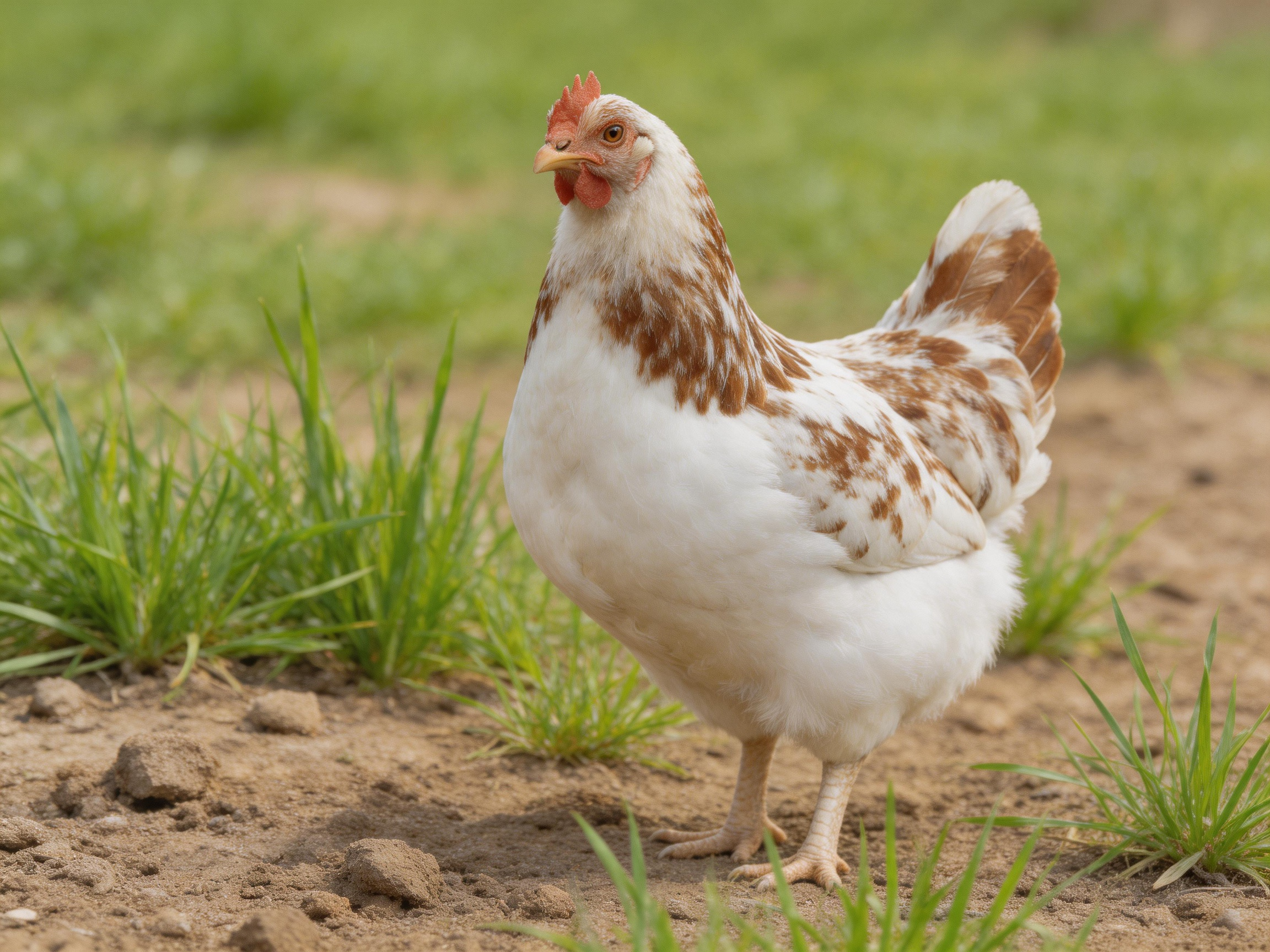 A brown-spotted hen stands on earthy ground among green grass