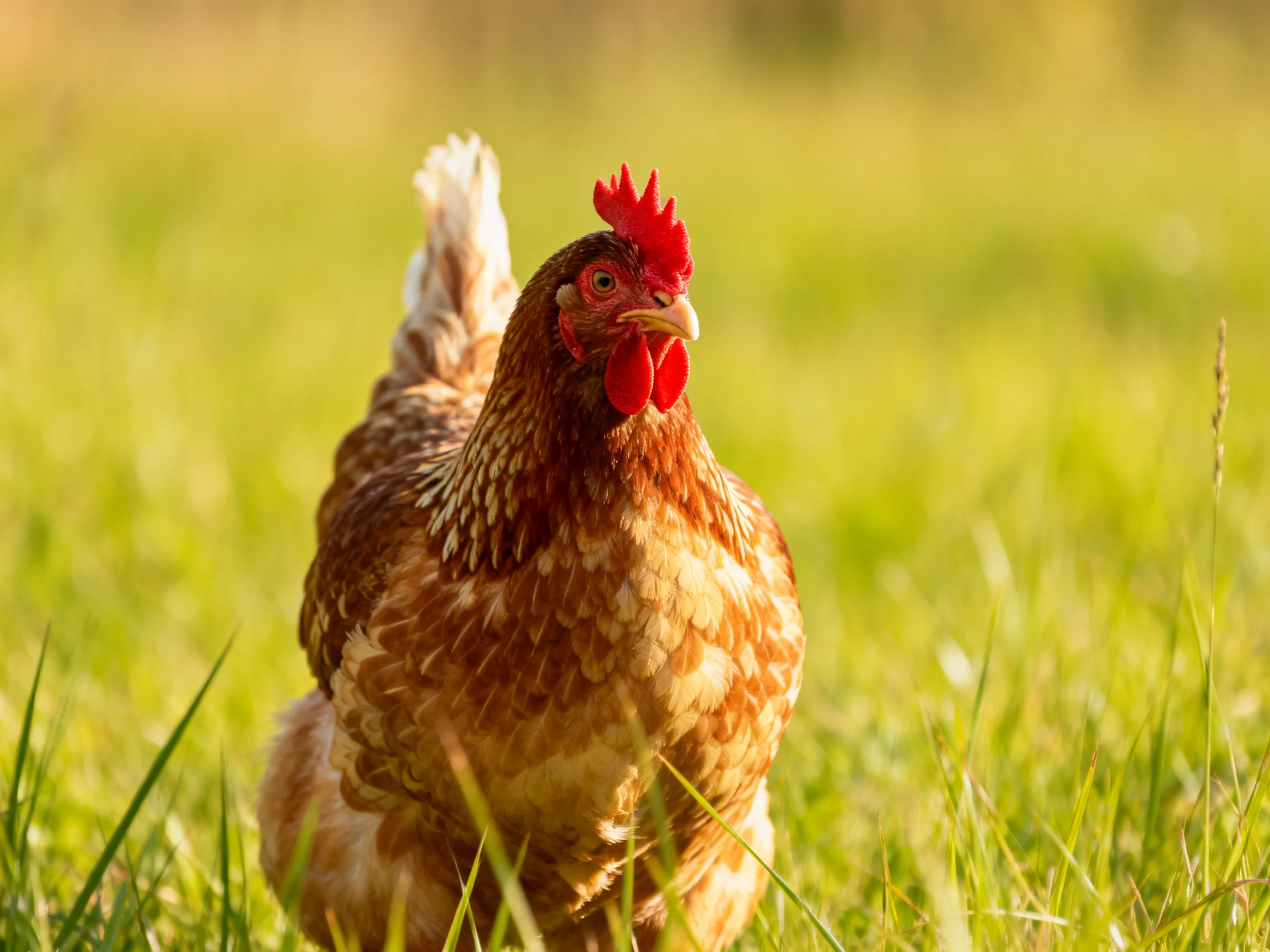 A brown-spotted hen with red comb walking in lush green grass