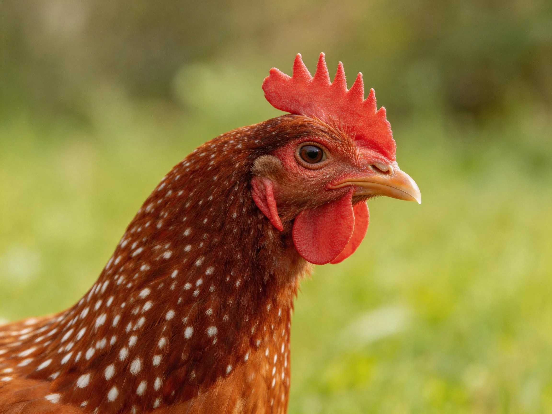 A close - up of a brown-spotted hen with red facial features in an outdoor setting.