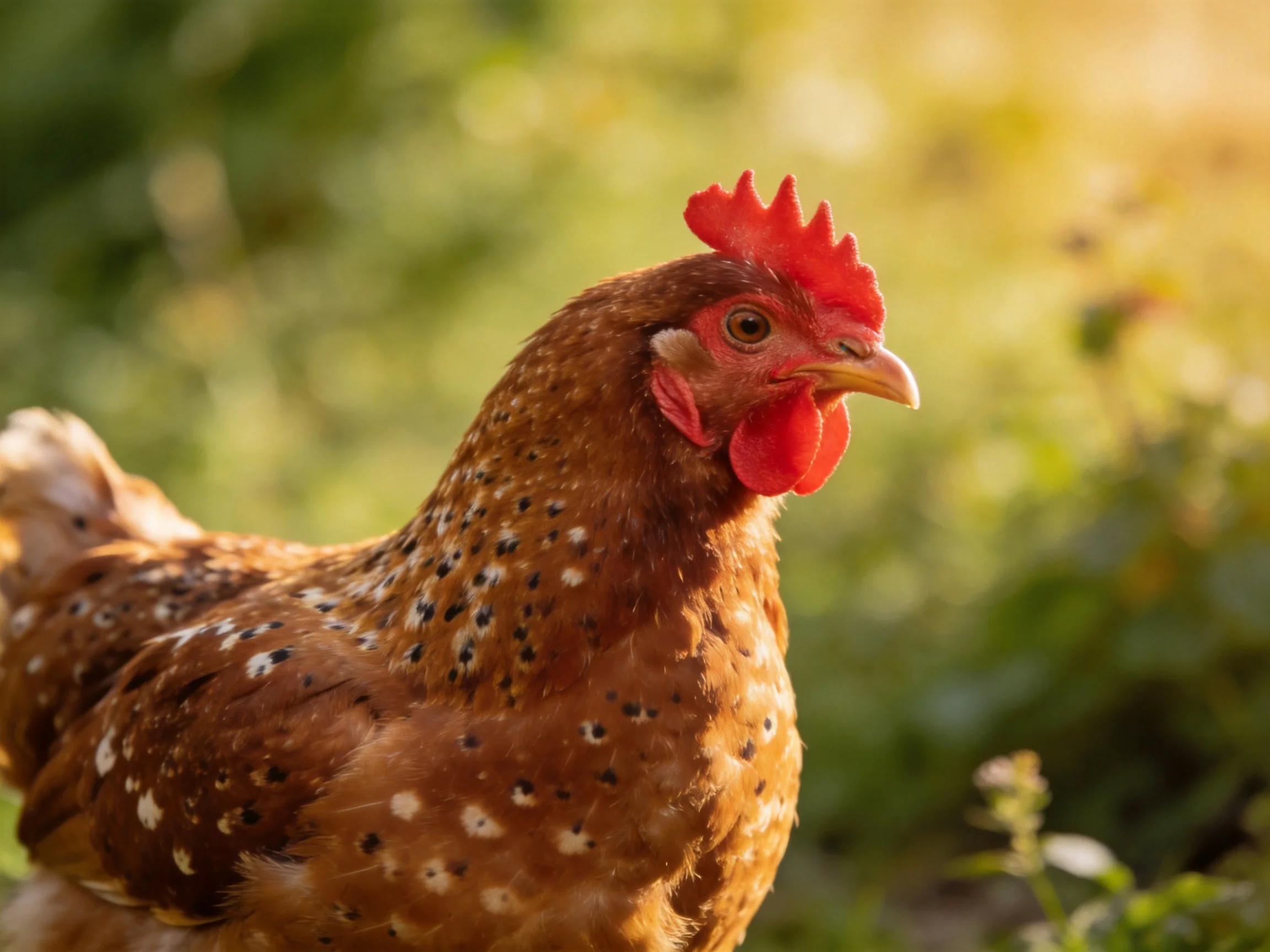 A brown-spotted hen stands in a sunlit garden with blurred greenery.