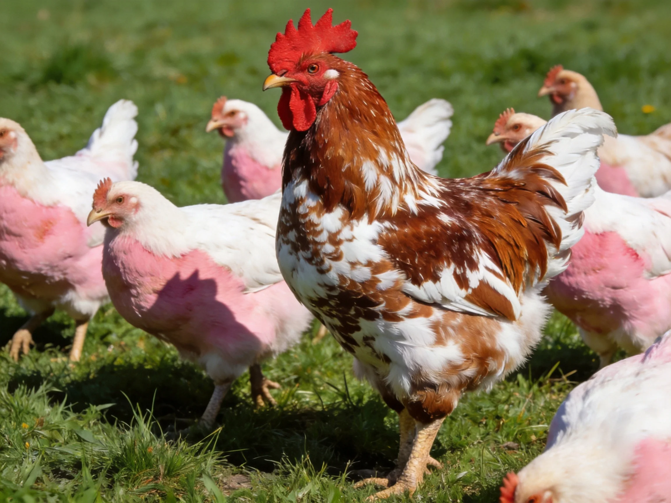 A brown-spotted rooster leads pink-and-white hens in a green pasture