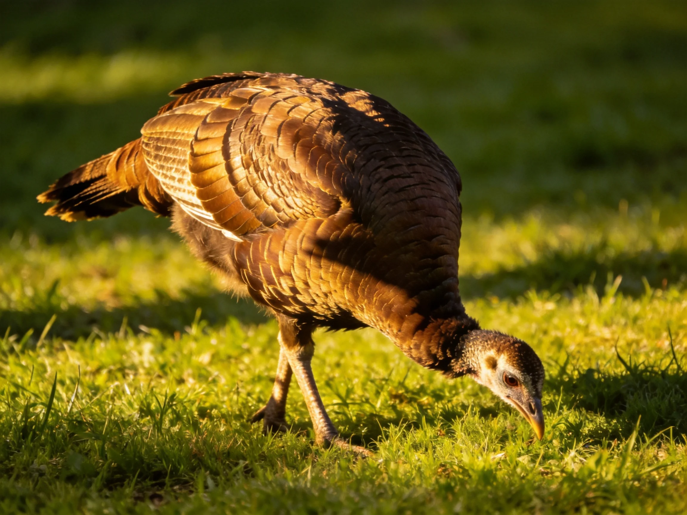 A brown turkey with golden-brown plumage foraging in lush green grass