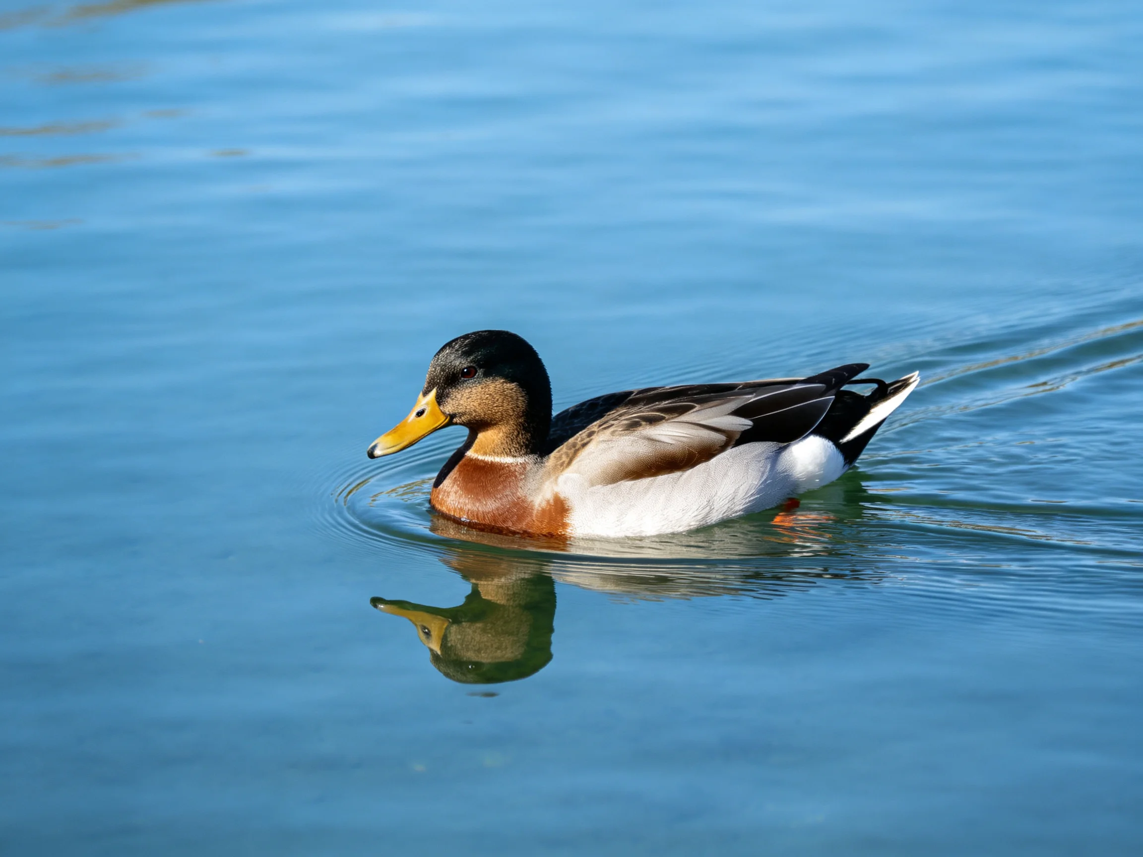 A brown, white, and black duck swims in clear blue water