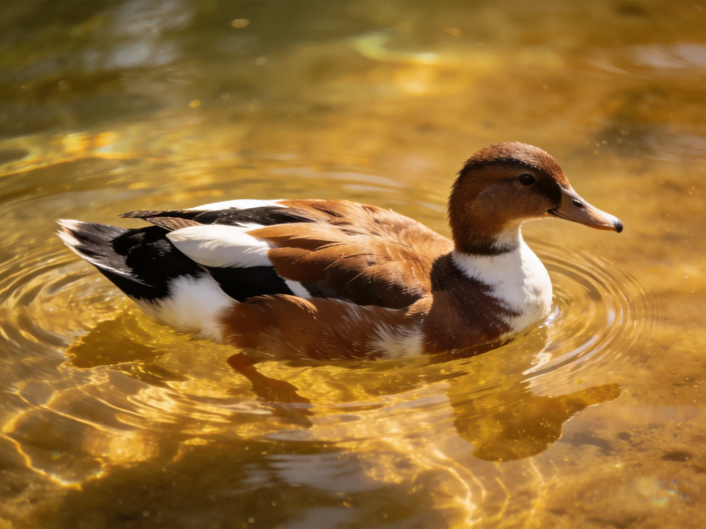 A brown, white, and black duck swims in golden-hued water