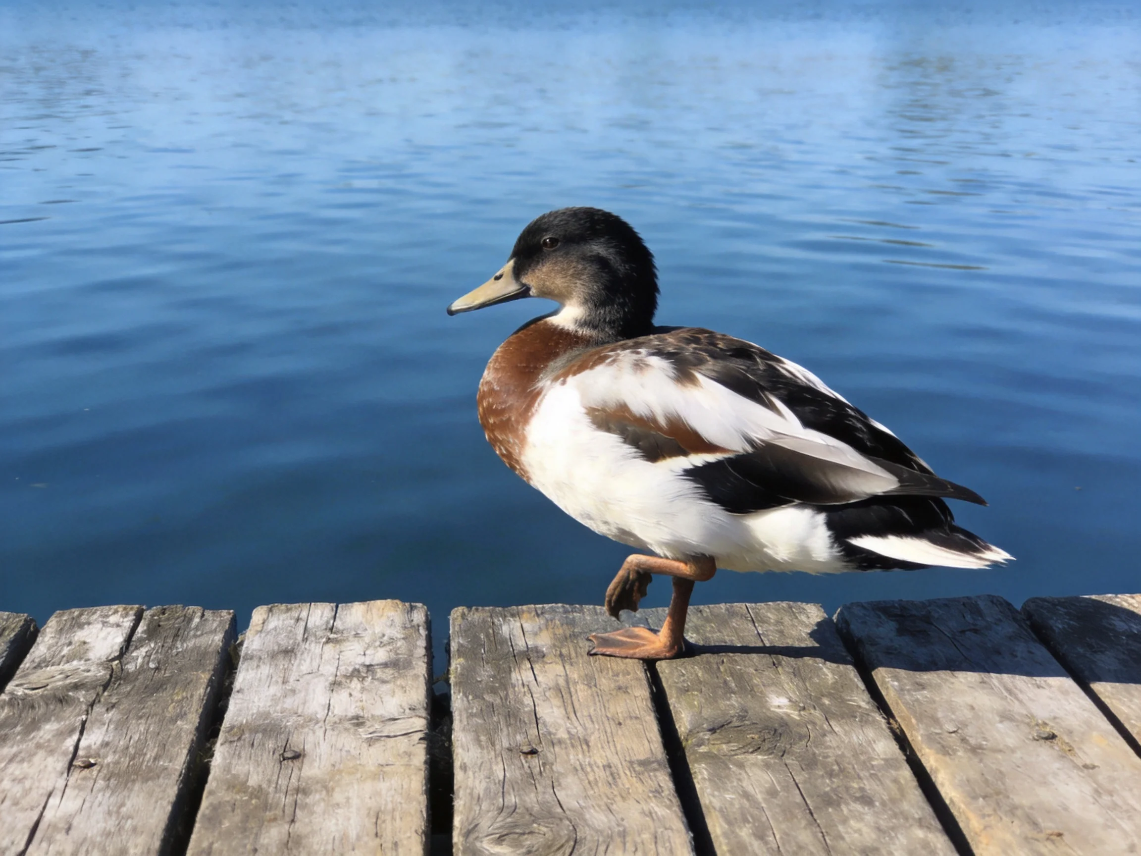 A brown, white, and black duck walks on weathered wooden planks beside calm blue water